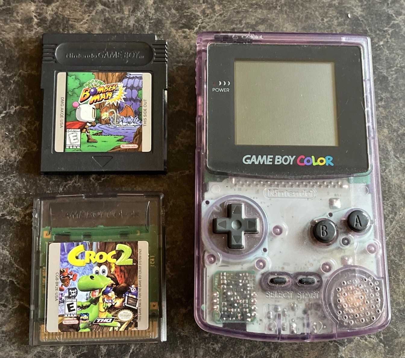 Works Nintendo Game Boy Color Atomic Purple Transparent Clear Croc 2 Bomber Man