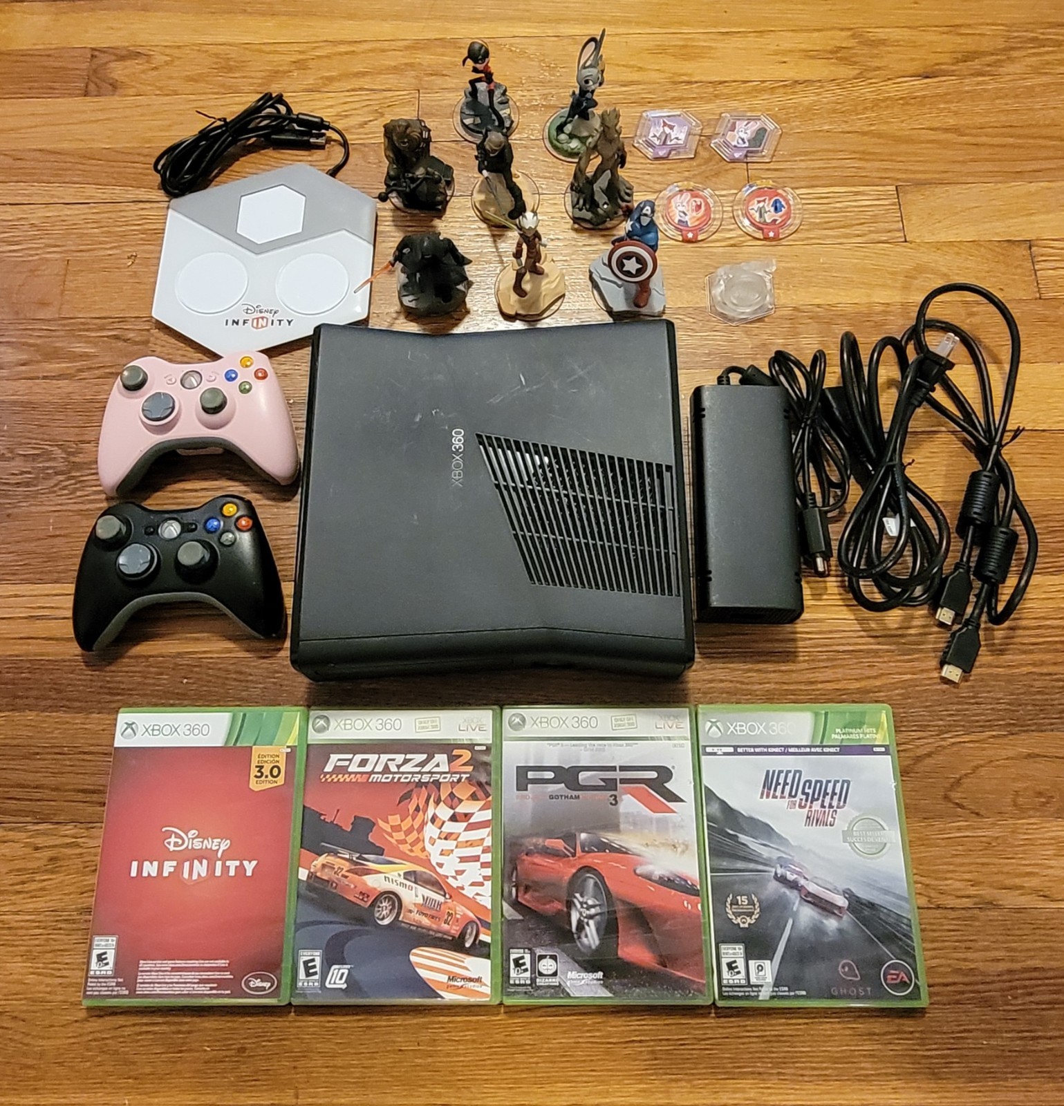 Xbox 360 Slim Console Bundle Black 2 Controllers 4 Games Disney Infinity 3.0 Lot