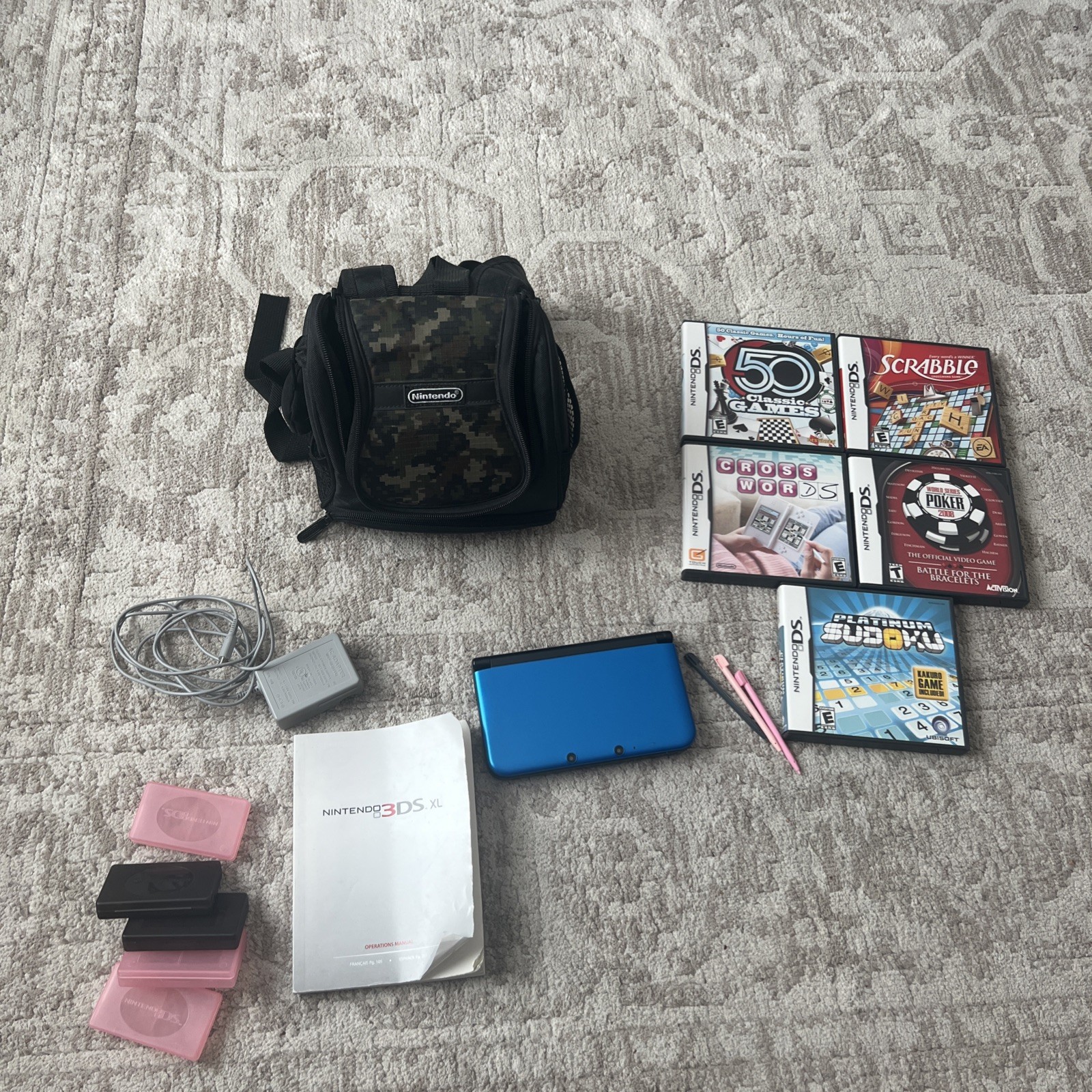 Nintendo 3DS XL Blue Black Handheld Console System Bundle Bag Games Manual WORKS