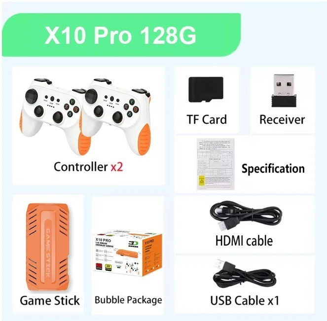 X10 PRO Retro Game Stick 128GB 50000+ Games 4K HDMI Console w 2 Controllers