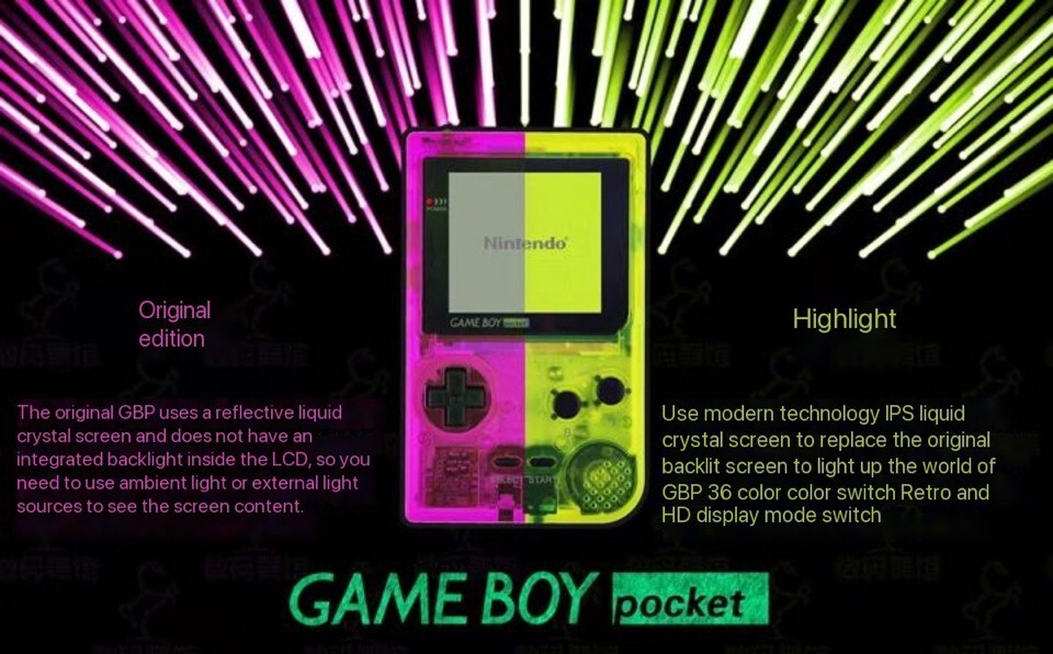 Nintendo Game Boy Pocket IPS screen red rosy 36 colour HD highlight