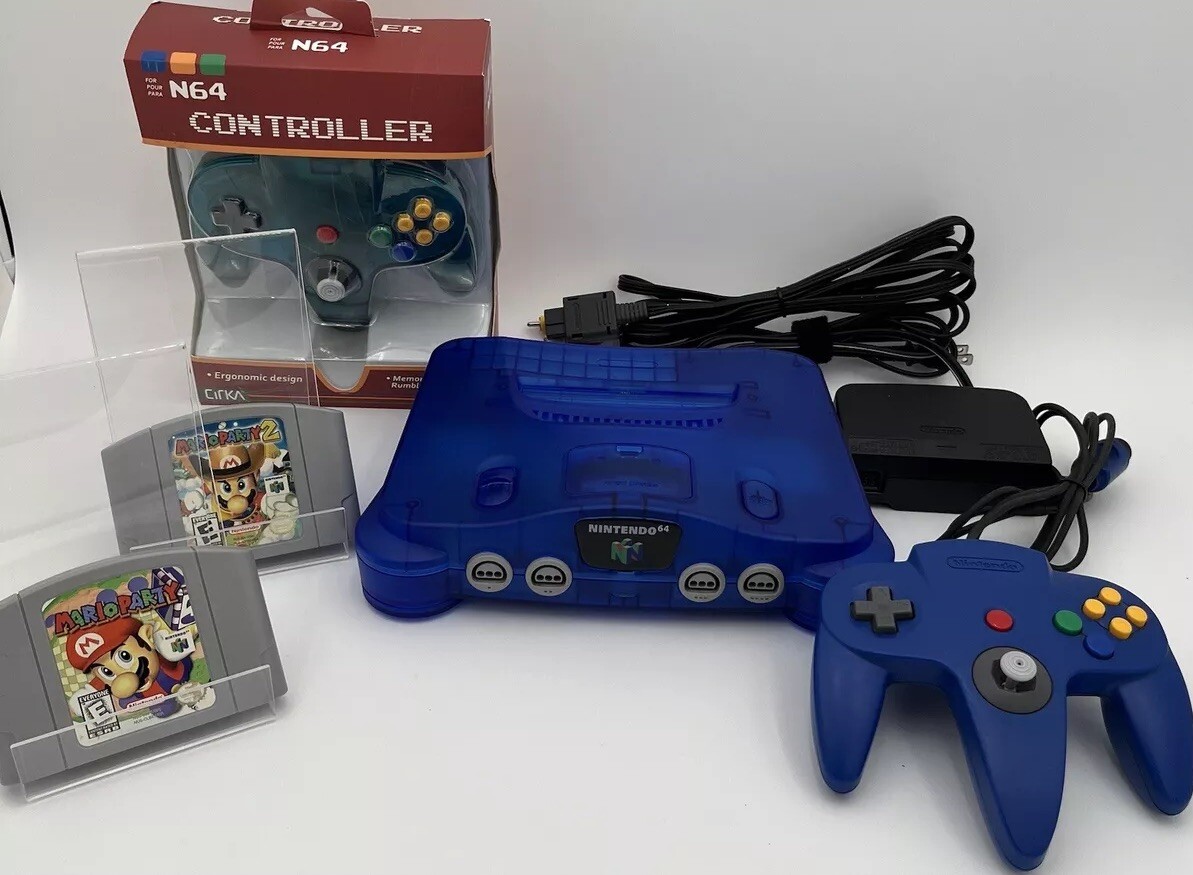 N64 W/ Mario Party 1 & 2 Party Pack Translucent BLUE Nintendo-64 Console System