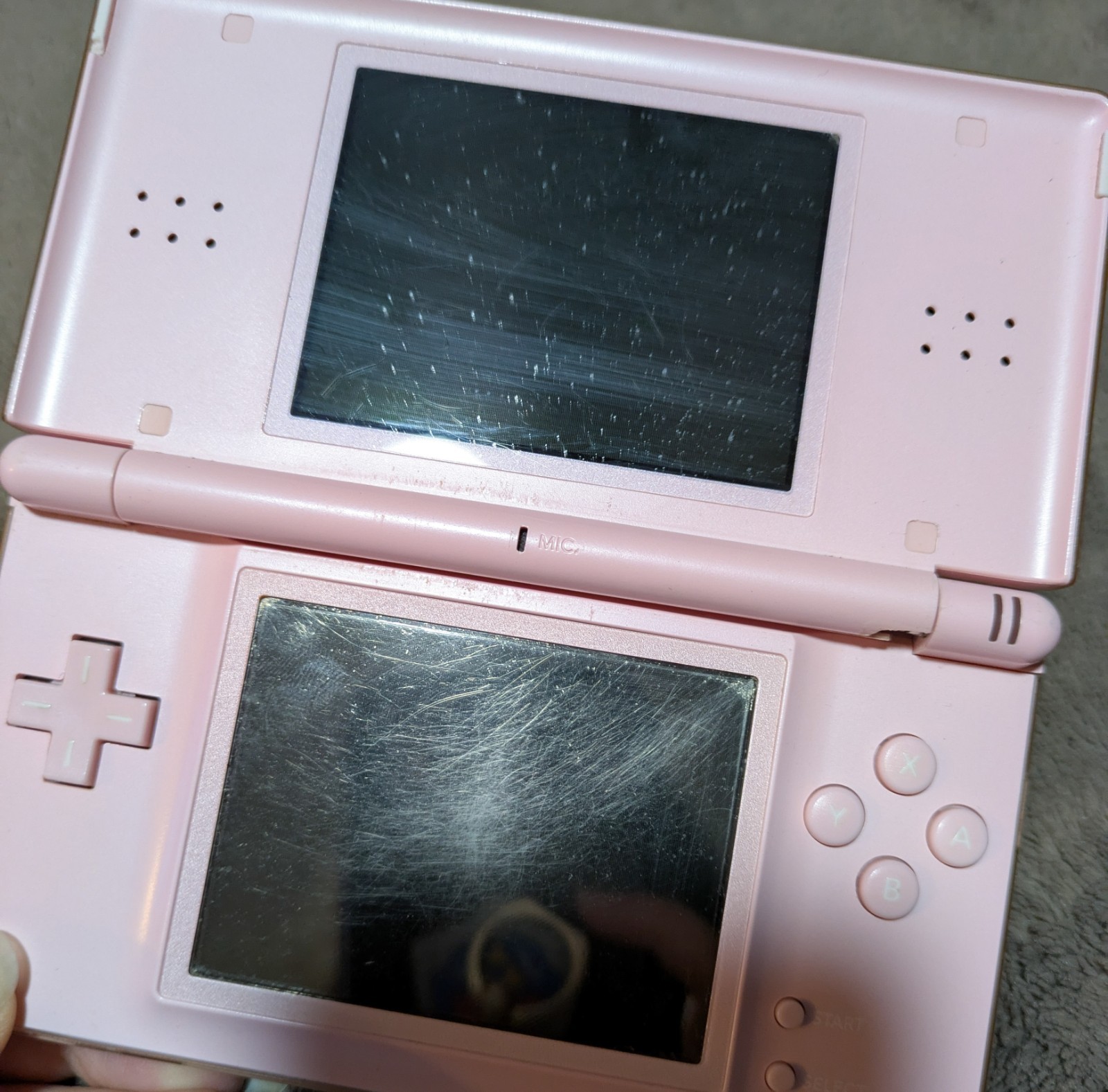 Nintendo DS Lite Coral Pink Handheld *Broken Hinge* Powers On + Top Shell