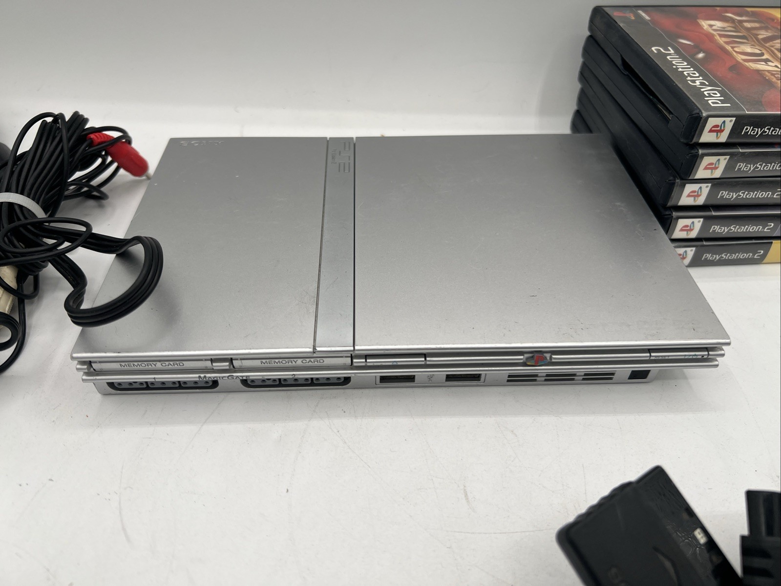 Sony PS2 Slim Silver Console Bundle – Console/5 Games/3 Controller/Cables