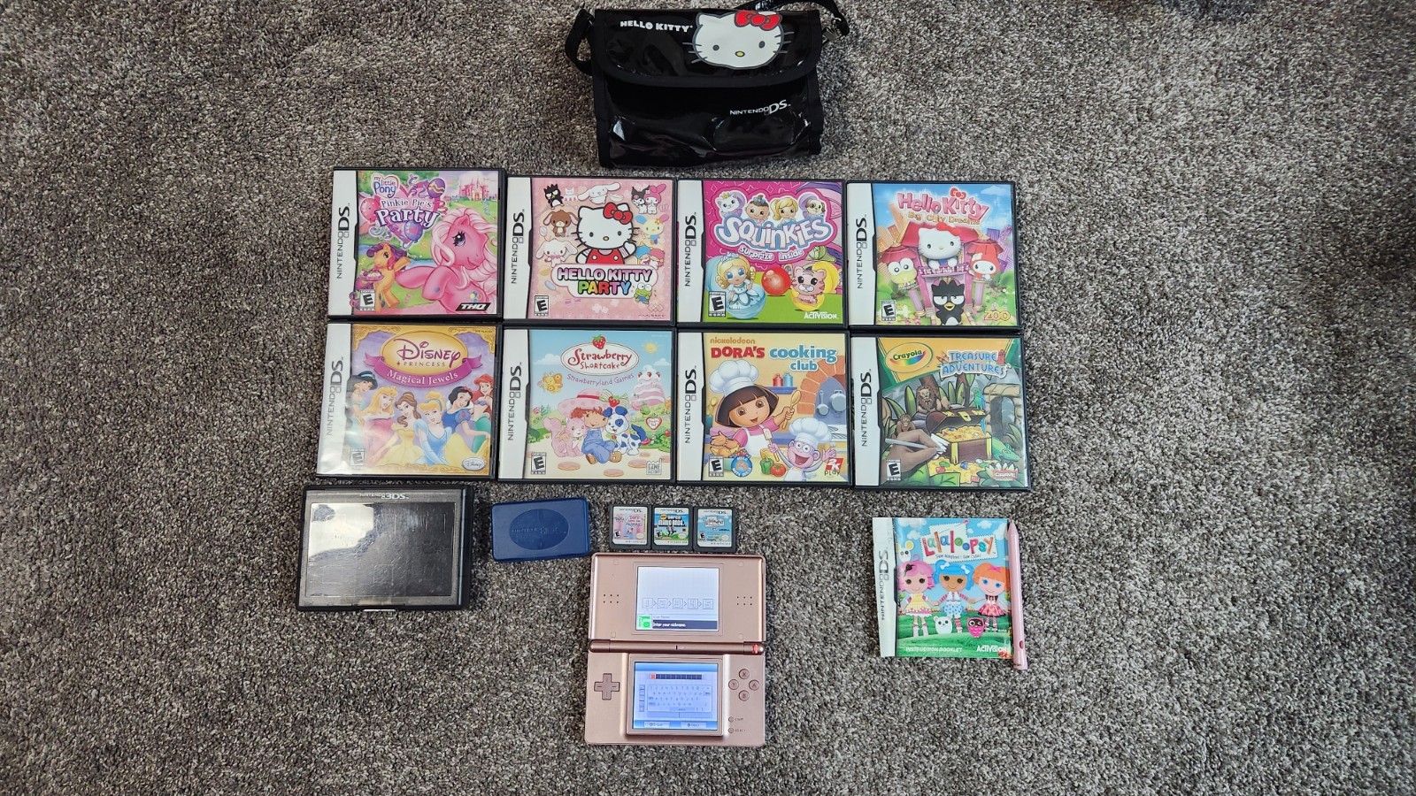 Nintendo DS Lite Metallic Rose Pink Console Bundle Hello Kitty Bag & 11 Games