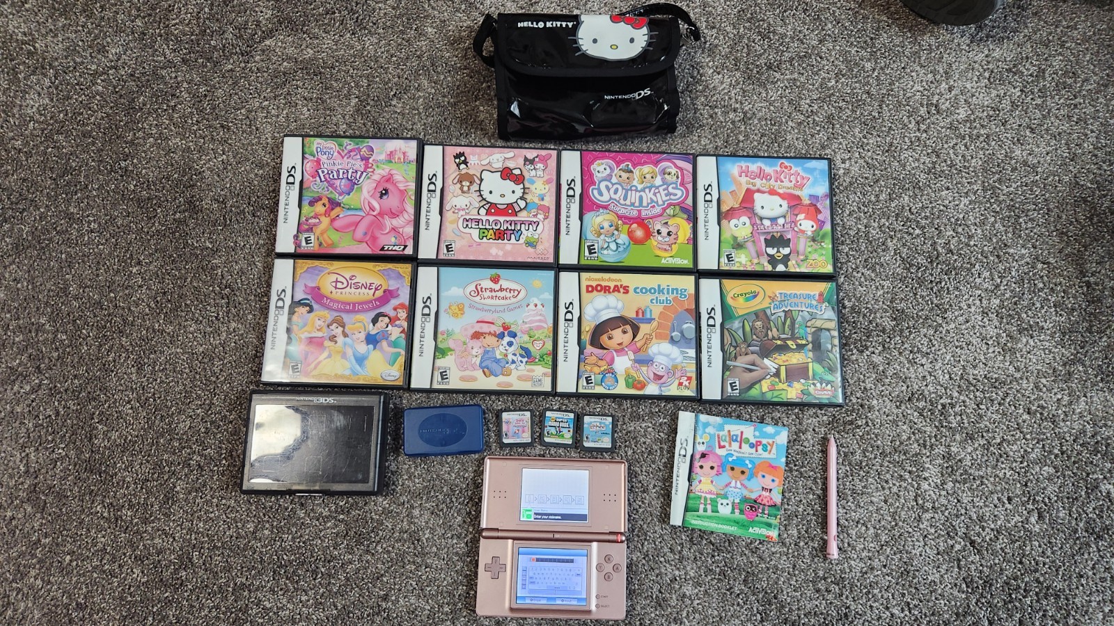 Nintendo DS Lite Metallic Rose Pink Console Bundle Hello Kitty Bag & 11 Games