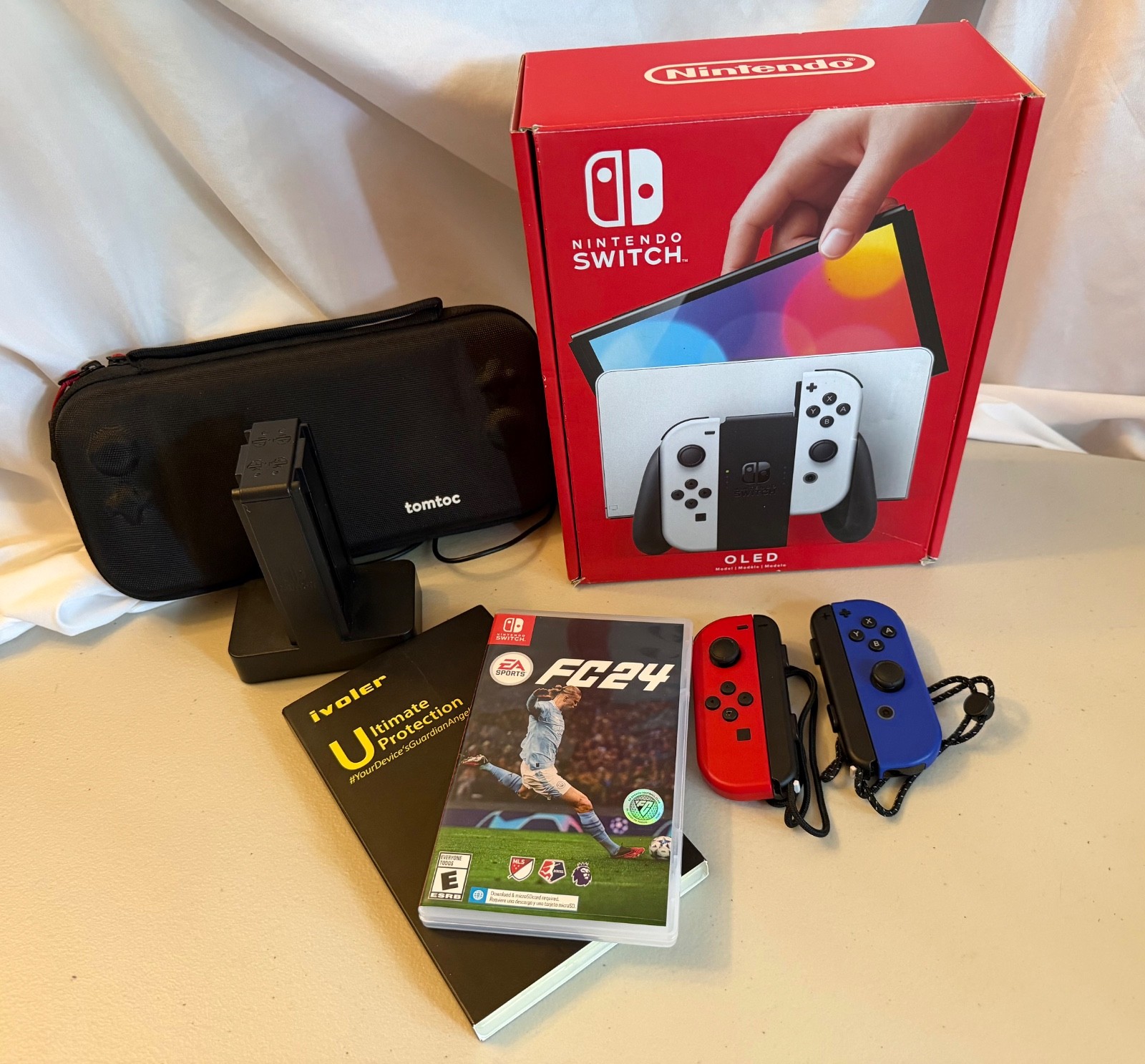 Nintendo Switch OLED White Console Bundle – Case + SD Card + Joy Cons + Game