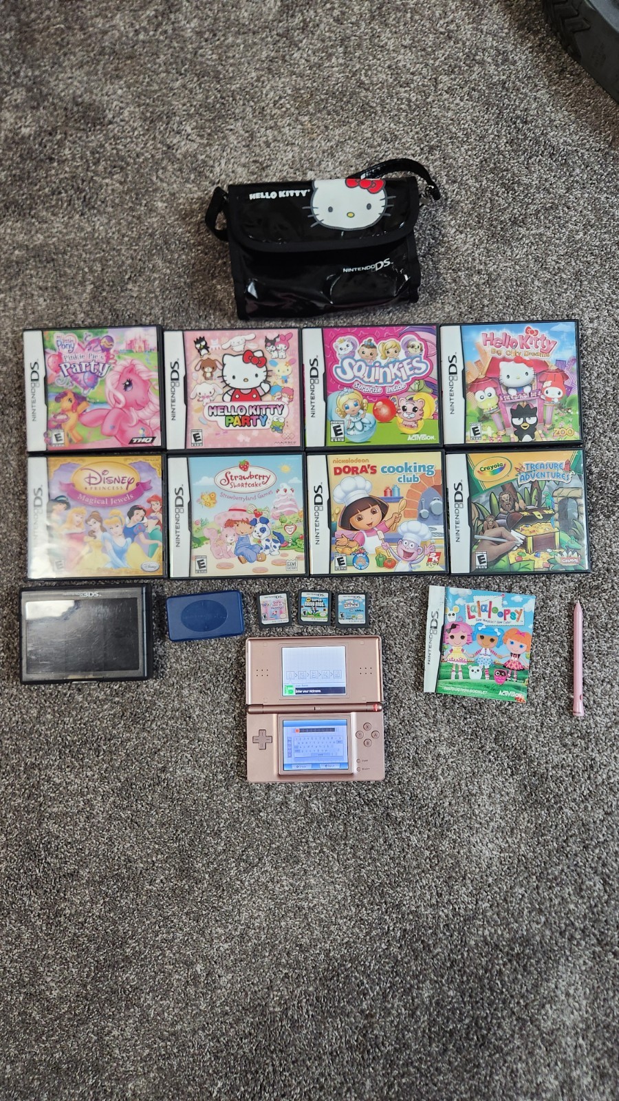 Nintendo DS Lite Metallic Rose Pink Console Bundle Hello Kitty Bag & 11 Games