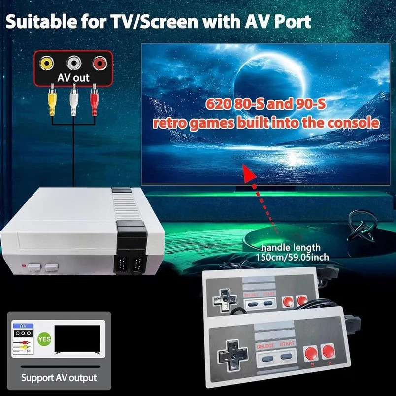 Mini Retro Game Console 620 Classic Games – 2 Controllers – AV Output – Kid Gift