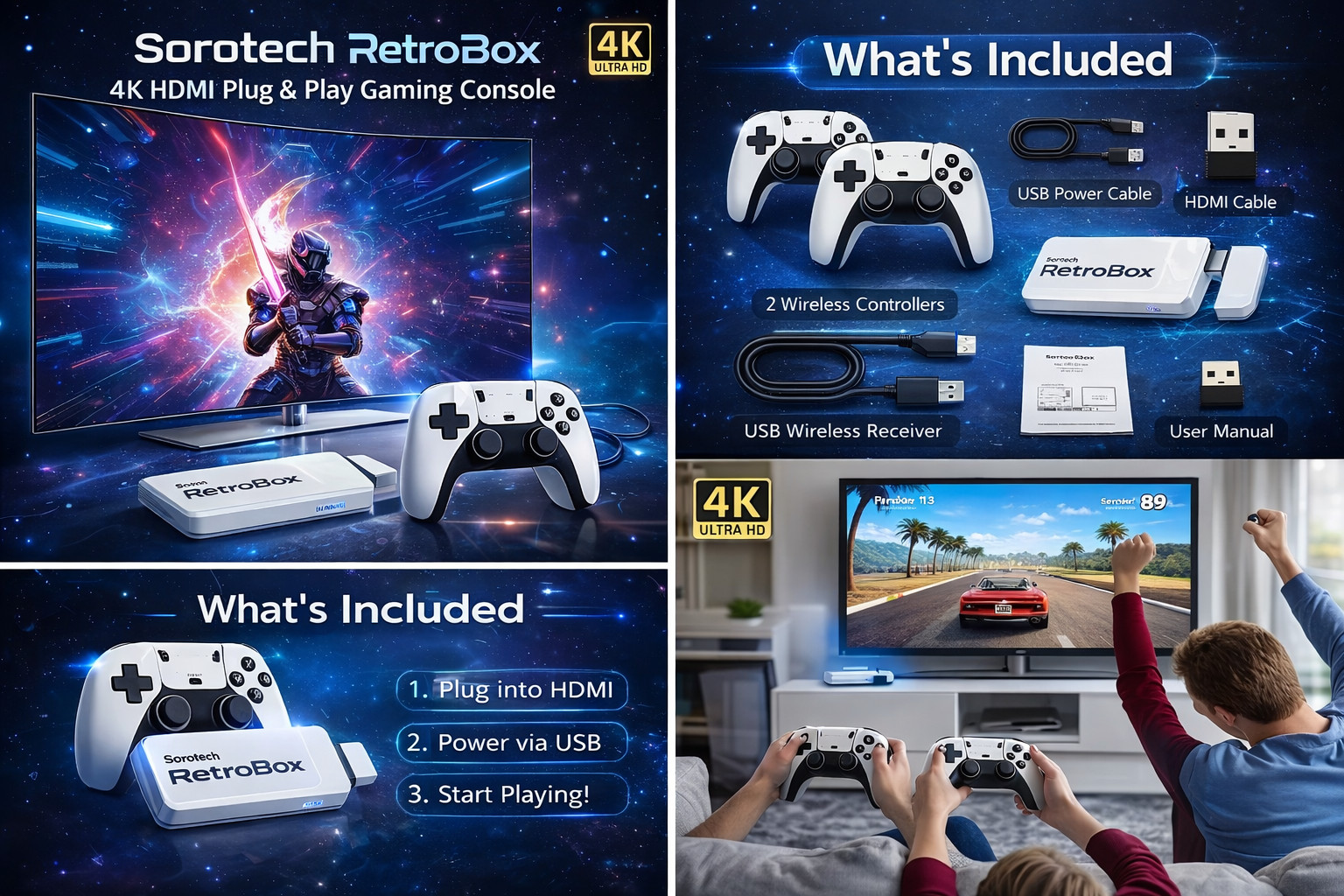 Sorotech RetroBox M15 4K Gaming Console Plug & Play, HDMI, Wireless Controllers