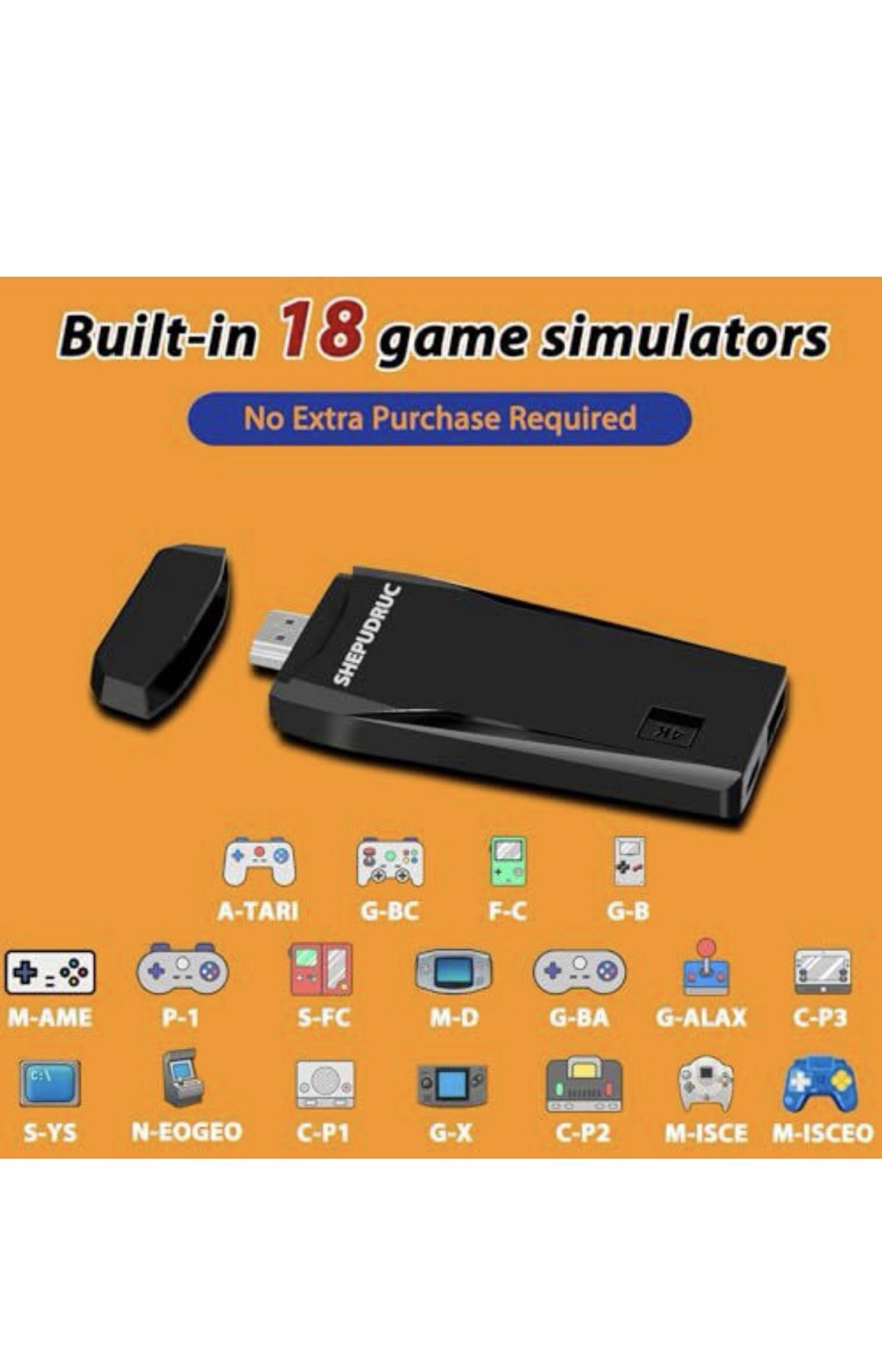 SHEPUDRUC 4K Game Stick, 20,000+ Games, 18 Emulators, HDMI, 2 Controllers