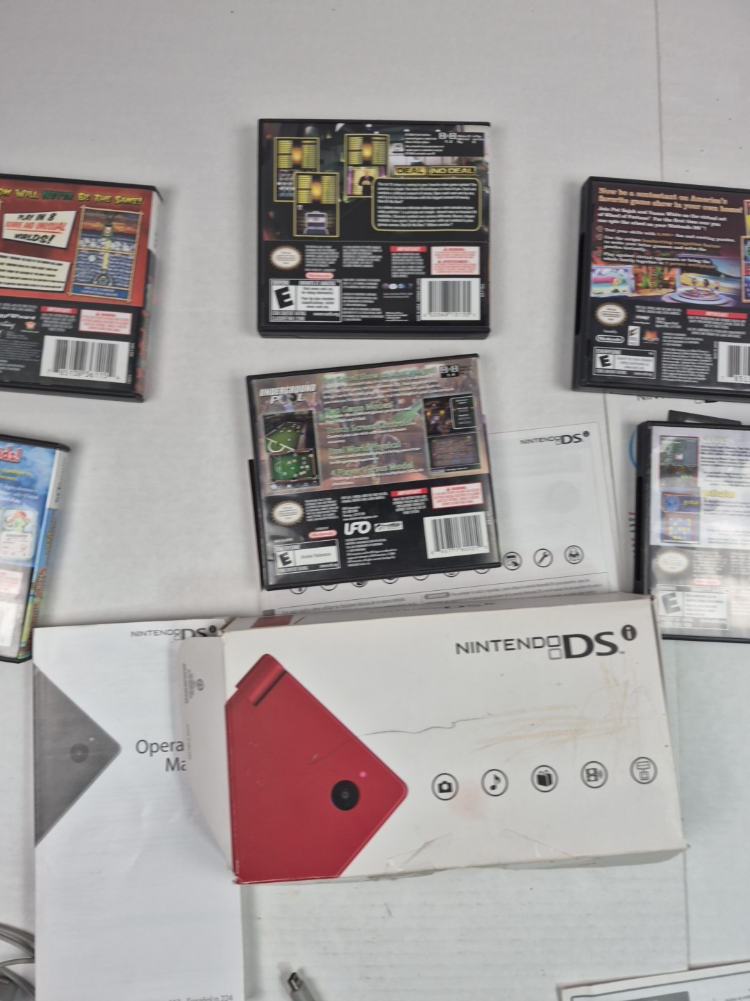 Nintendo DSI Matte Red Handheld System Box Charger Games Tested With Issues