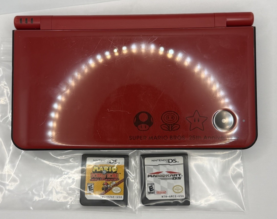 Nintendo DSi XL Super Mario Bros 25th Anniversary NO Stylus 2 Games & Charger A6