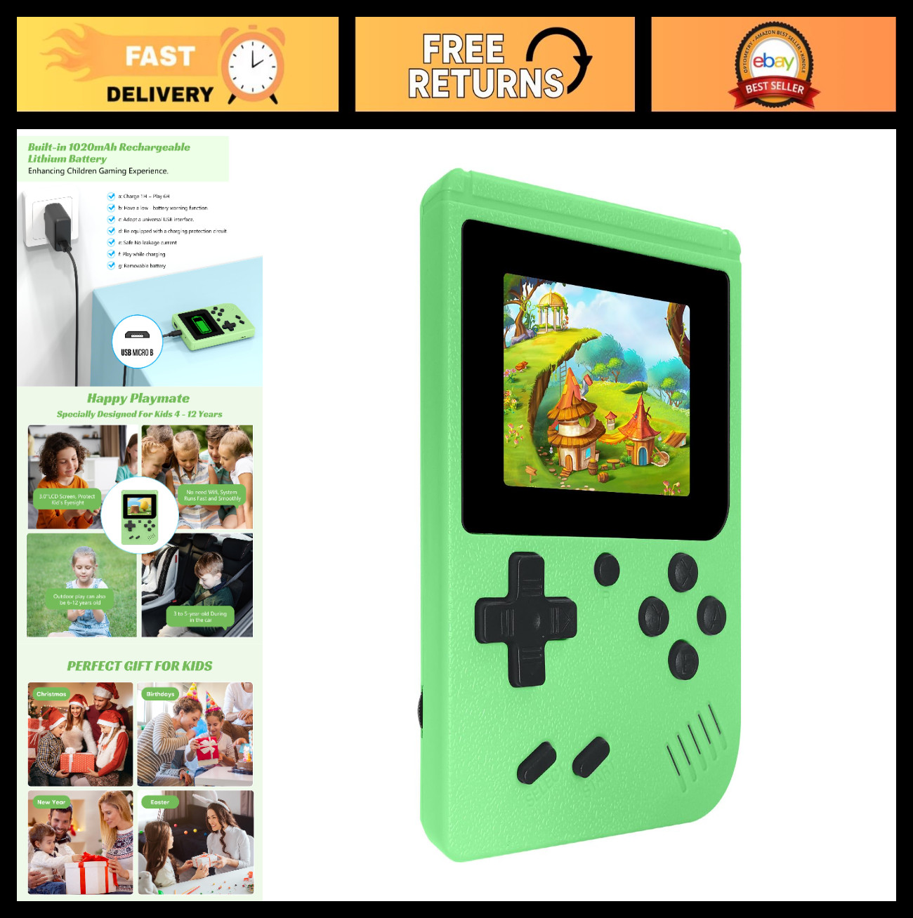 Portable Retro Handheld Game Console, 400 Built-in Games, 3.0″ IPS Screen, Recha