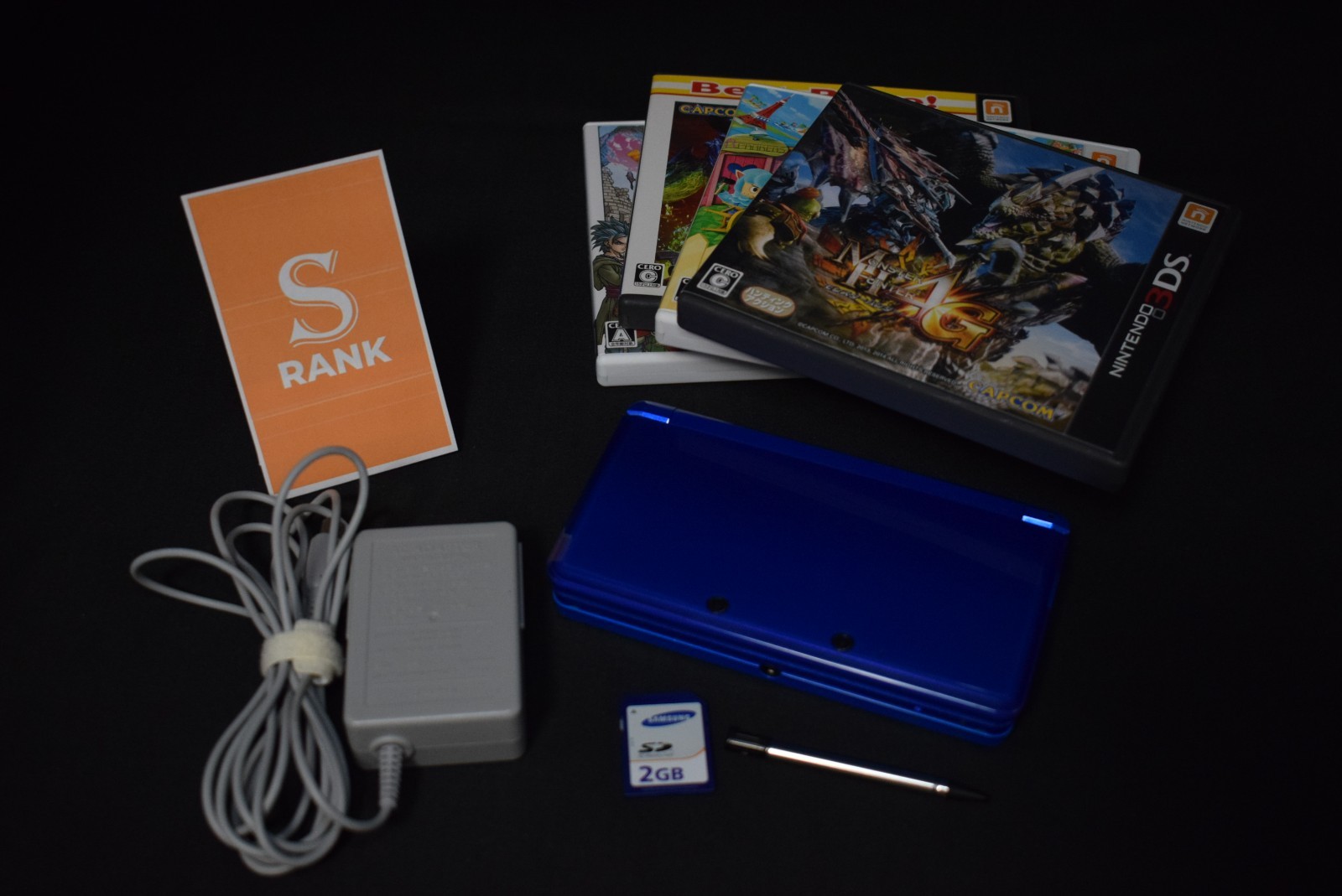 Nintendo 3DS Blue RANK S Software ×4, with charger, 2GB SD card From Japam