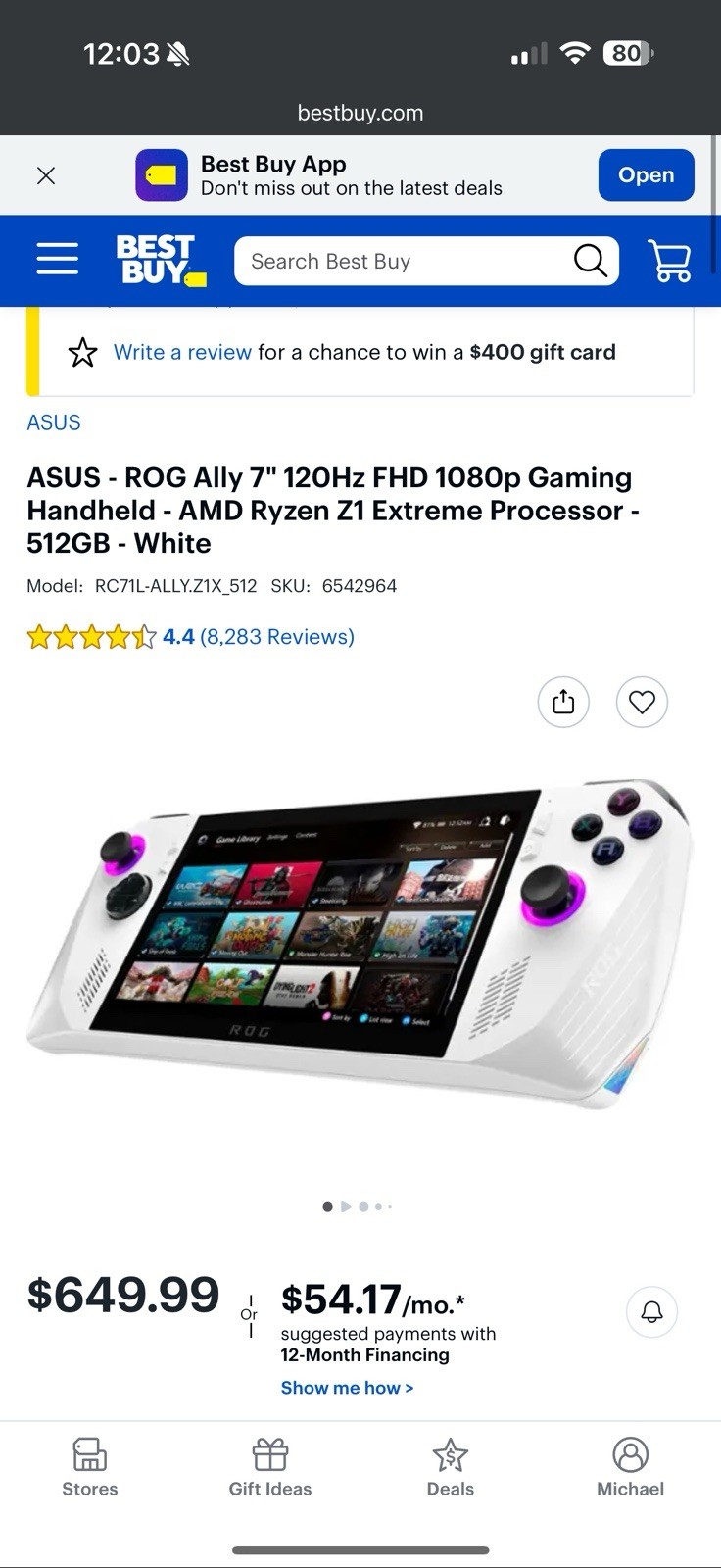 ASUS ROG Ally 7″ 120Hz FHD 1080p Gaming AMD Ryzen Z1 Extreme Processor 512GB