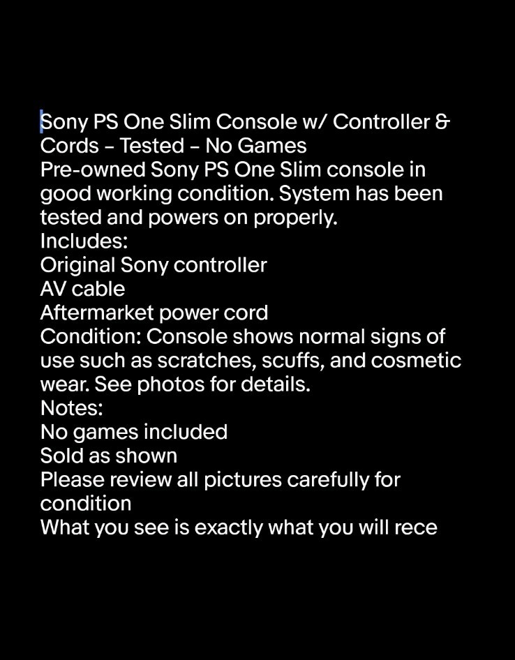 Sony PS One Slim Console,1 Controller, Cords, No Games Tested