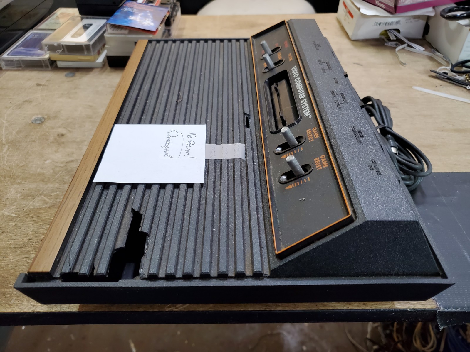 Atari 2600A Wood Grain Console, CX 2600A, No Power, Damaged Top, Parts Repair