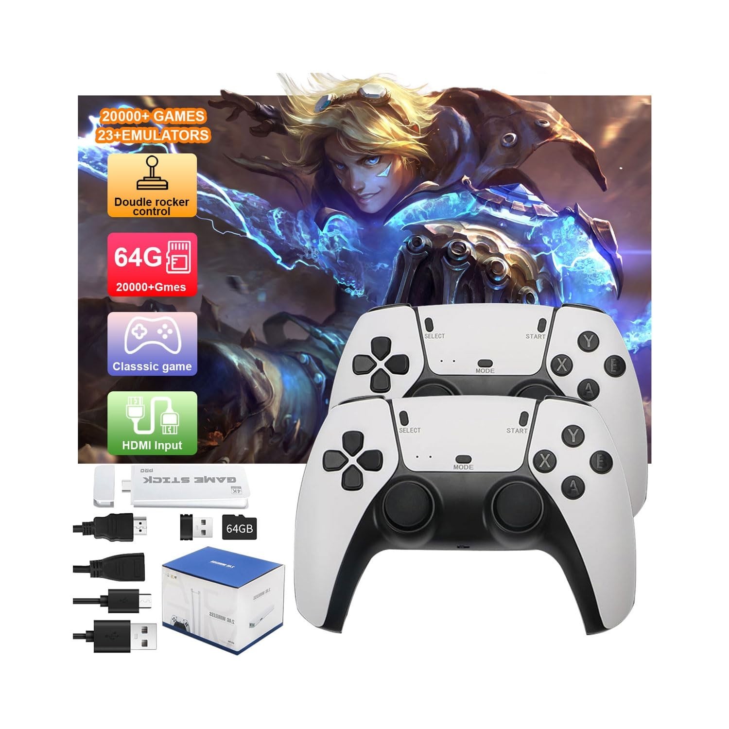 Wireless Retro Gaming Console – 23 Emulators, 64GB, 20,000+ Games, 4K HDMI, Plug