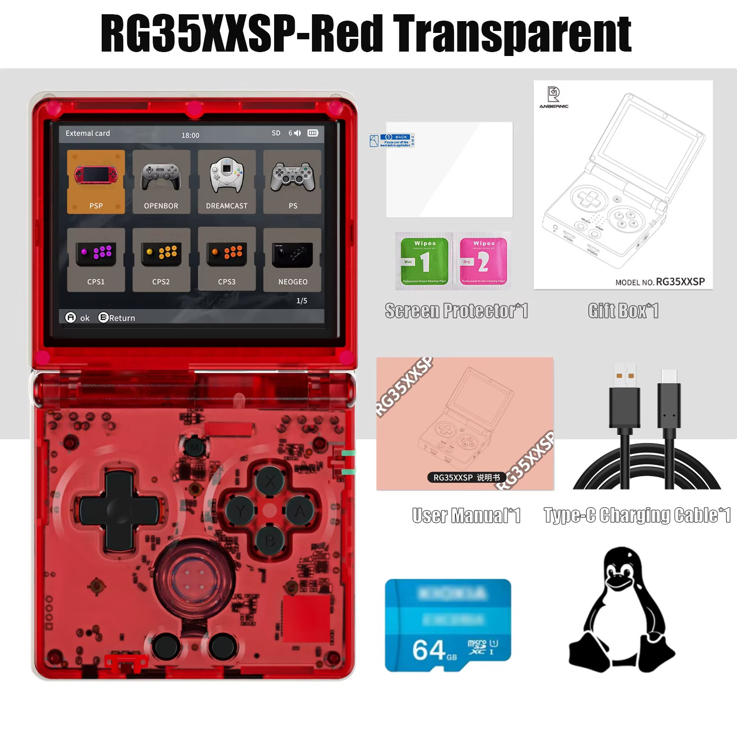 Anbernic RG35XXSP flip handheld console 64 GB Linux 3.5″ IPS WiFi HDMI red DE