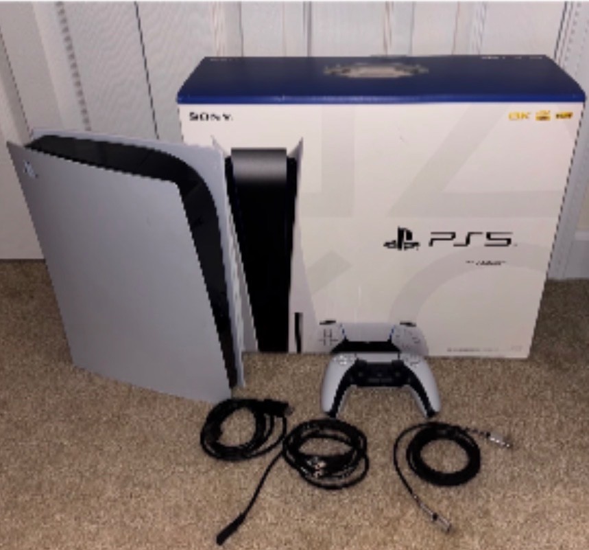 ps5 console, white, 2 controllers, HDMI cords, games