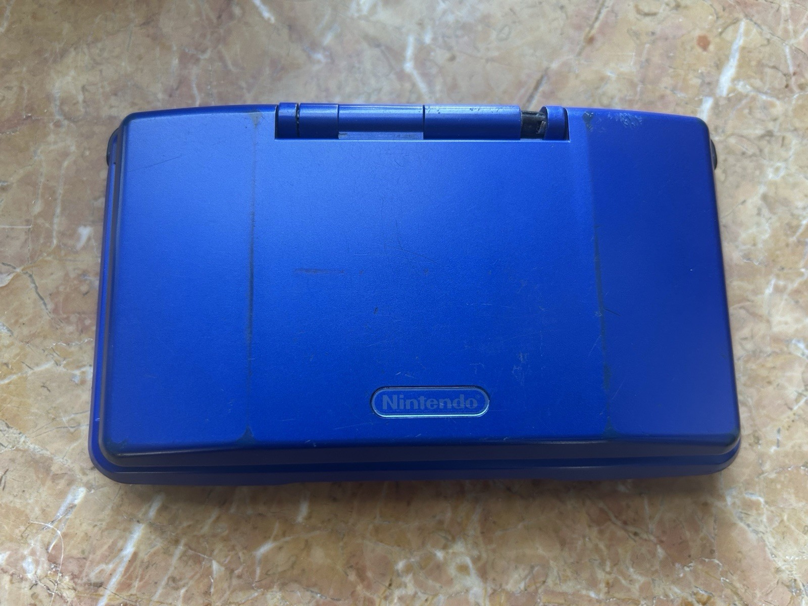 Nintendo DS Cobalt Blue NTR-001 WORKING, BUT BROKEN HINGE NO CHARGER (w/ Game)