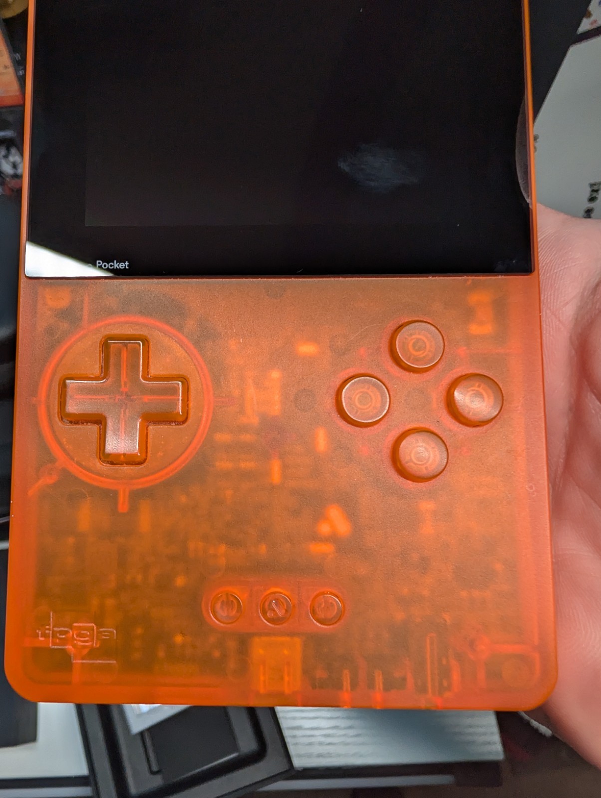 Analogue Pocket Handheld – Transparent Orange Limited Edition w/ pokemon silver