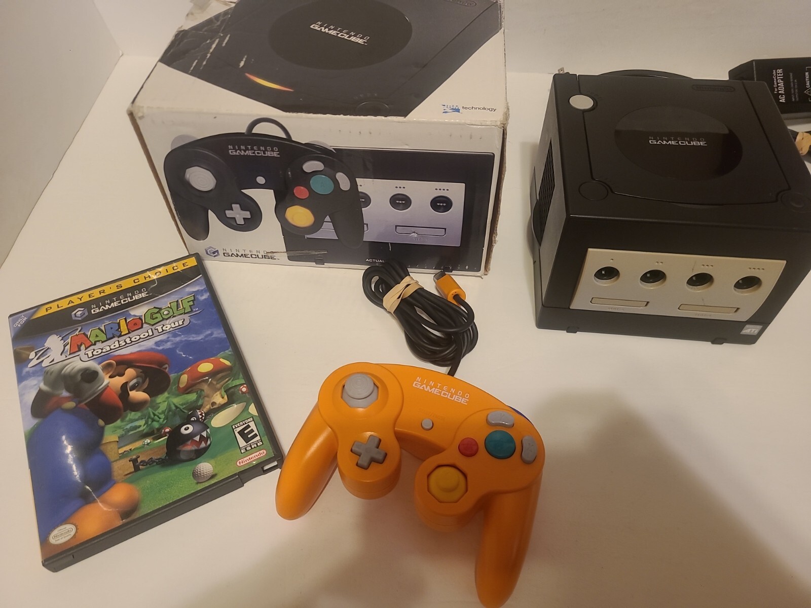 Nintendo Game Cube Black Console Box Spice Orange Controller Mario Golf
