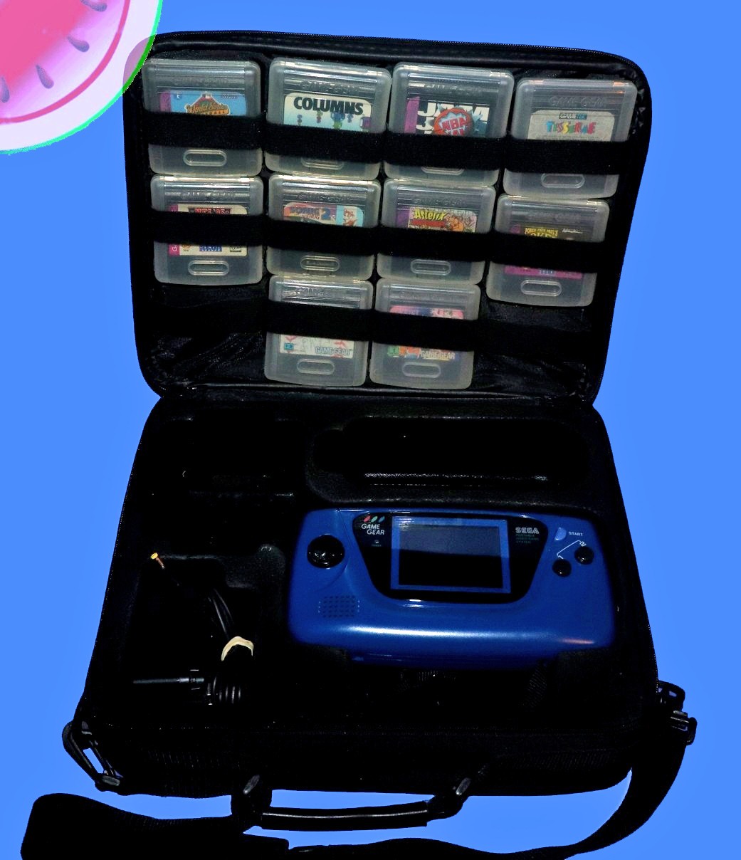 WORKING Blue Sega GAME GEAR System Recapped, Glass Lens, Carrying Case, 10 Games