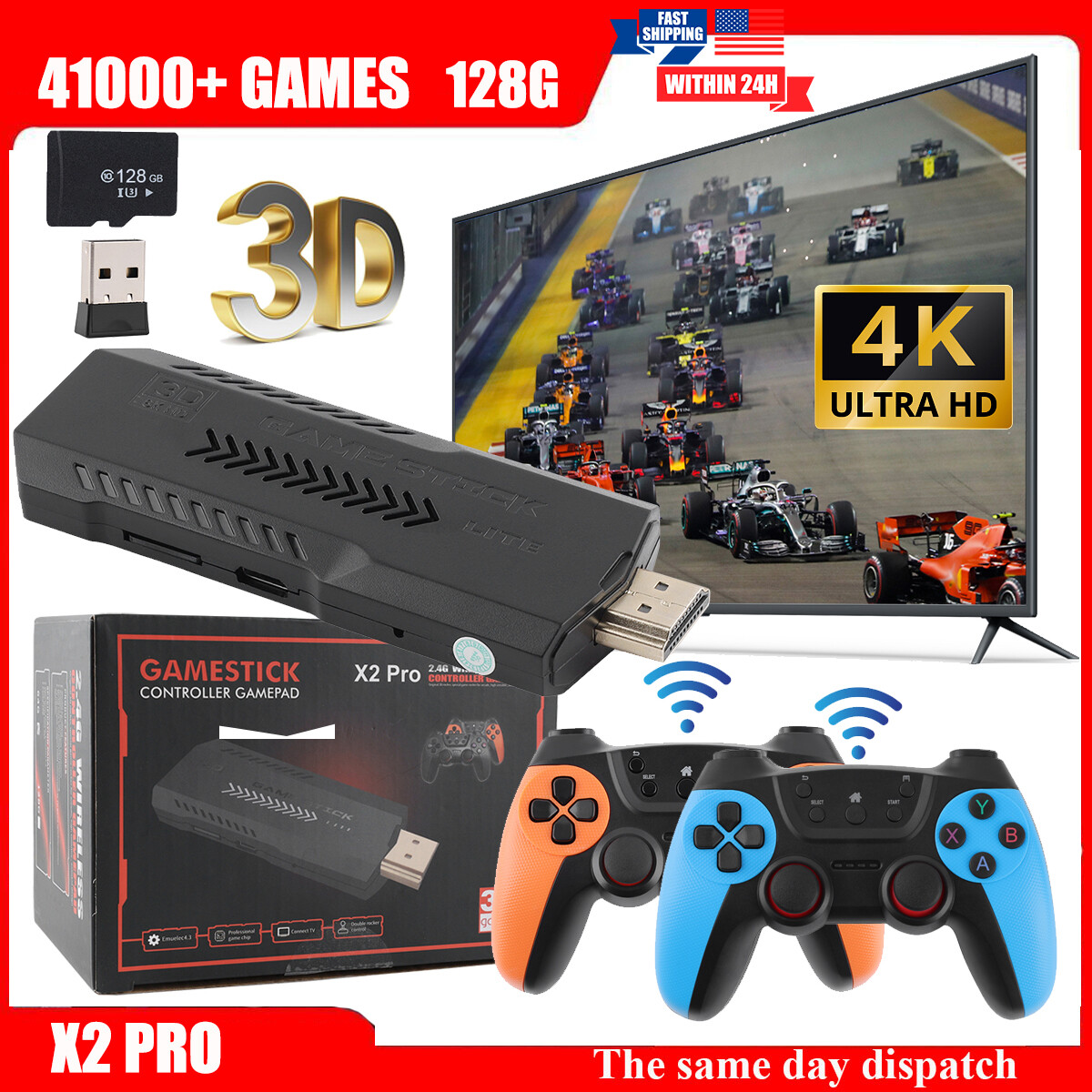 X2 PRO 41000+ Games 4K Game Stick 3D Retro Video Game Console Wireless 128G 2024