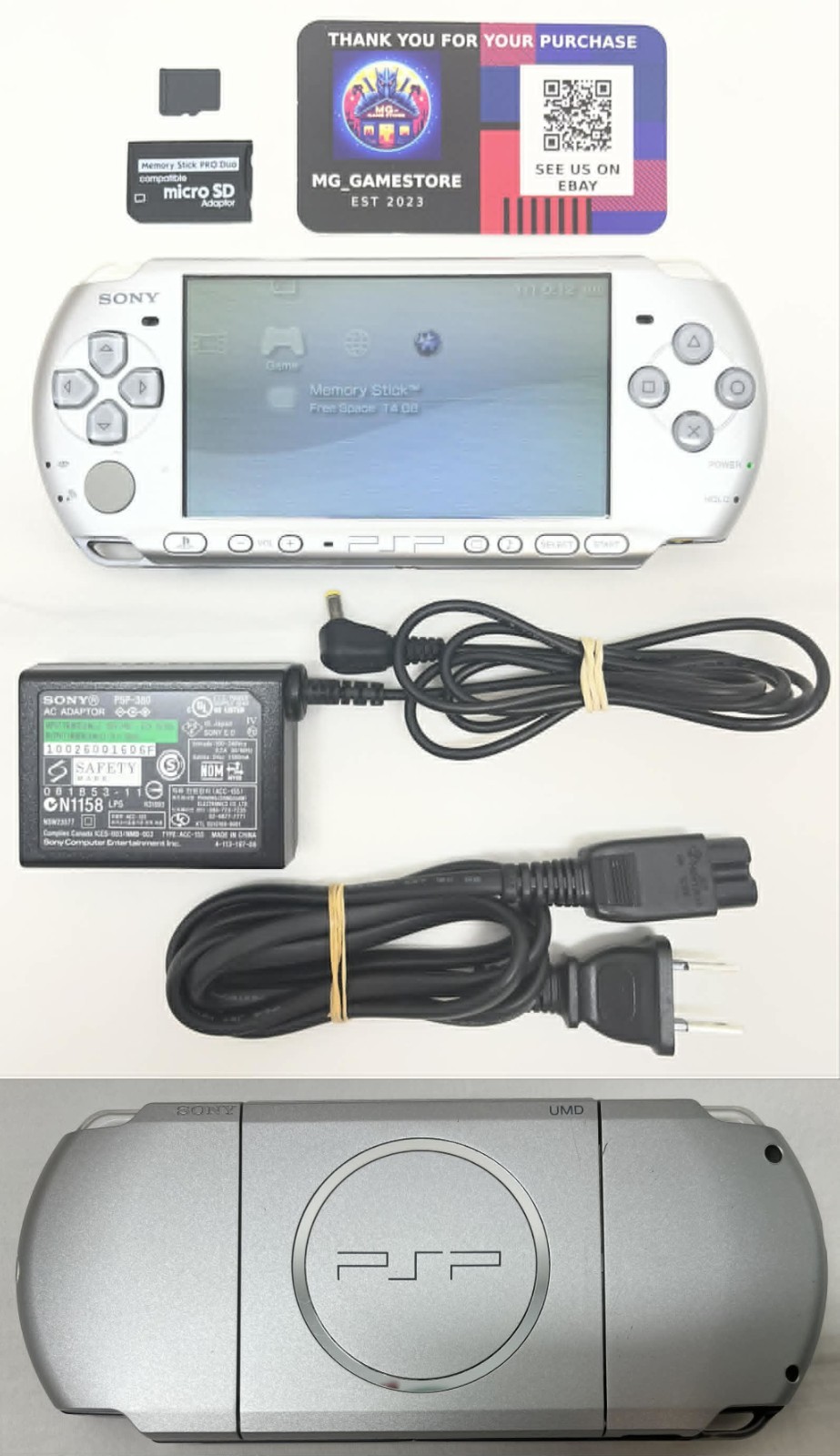 PSP3000 Mystic Silver / New Battery / Genuine Sony Charger / Region Free / 16 GB