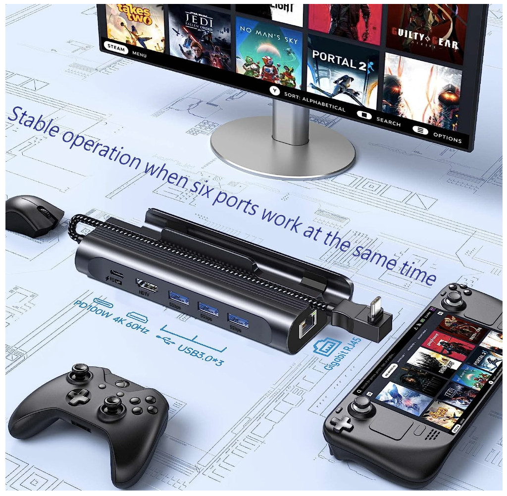 Steam Deck Dock 6-in-1 Steam Deck Docking Station Charger Dock HDMI 1000Mbps