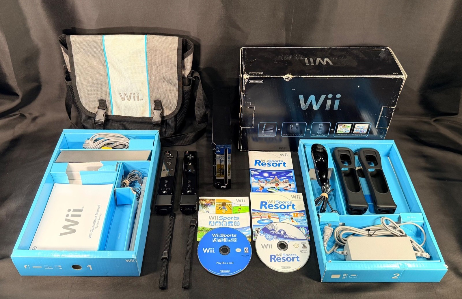 Nintendo Wii Black Console Bundle w/Wii Sports & Resort, 2 Motion Plus/Bag w/Box