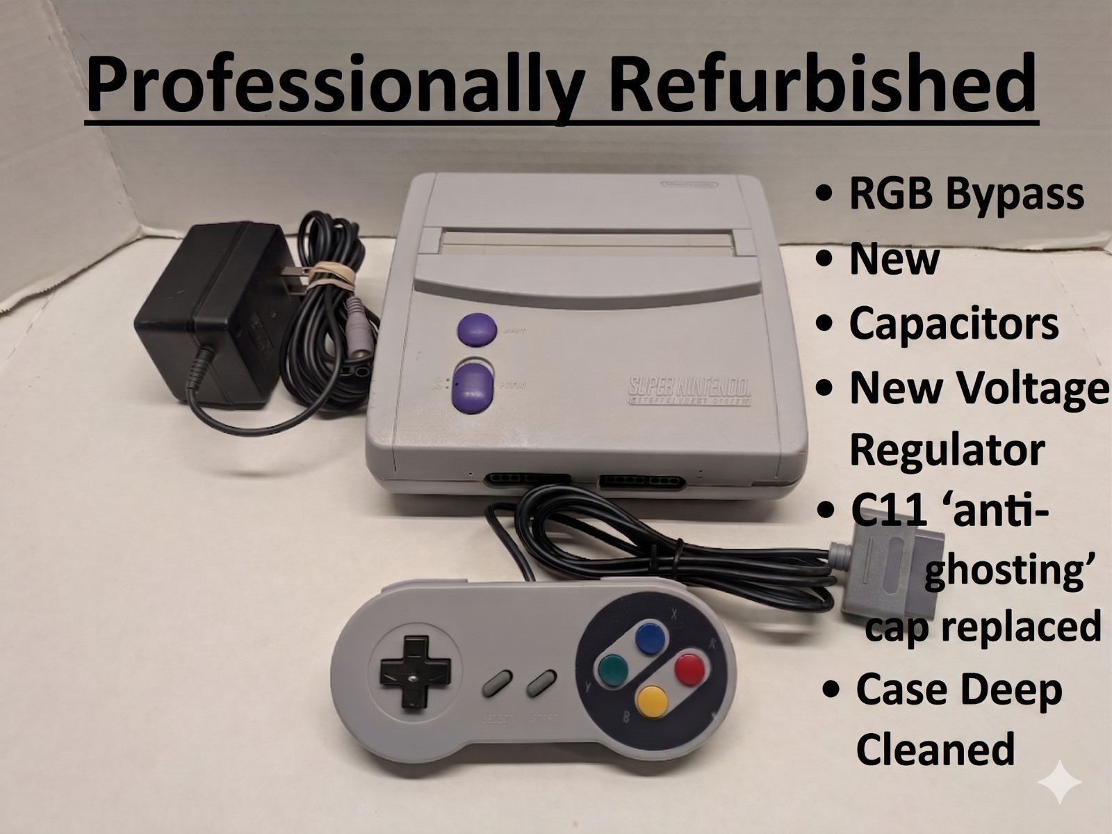 SNES JR – RGB Bypass, S-Video, New Caps, Regulator, C11 Cap, LED. Good Shape.