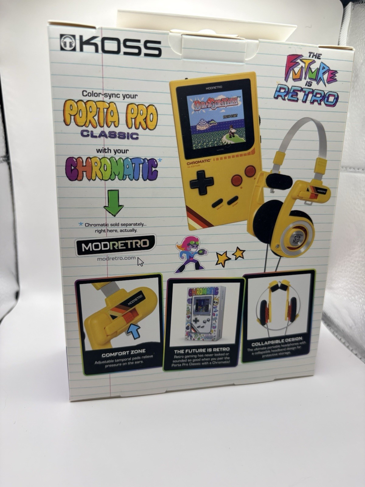ModRetro Chromatic Yellow Console Bundle Tetris Game + Koss Porta Pro