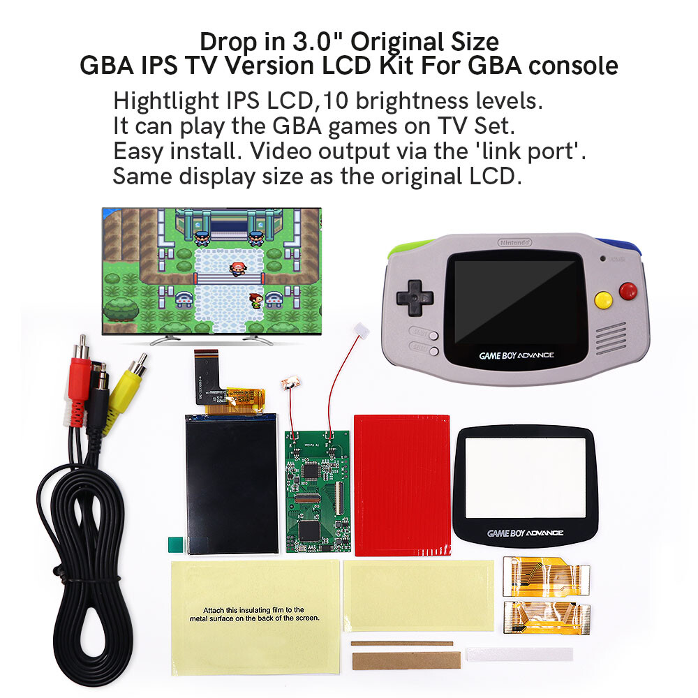 3.0 Inches V4 Drop in IPS LCD GBA TV OUT Mod Backlight Kit Pre-cut Shell For GBA