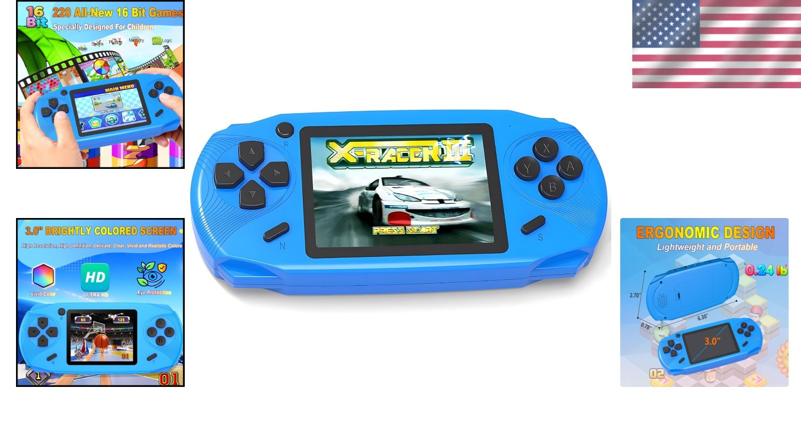 Portable 16-Bit Retro Game Console – 220 Games, USB-C Rechargeable, Perfect Gift