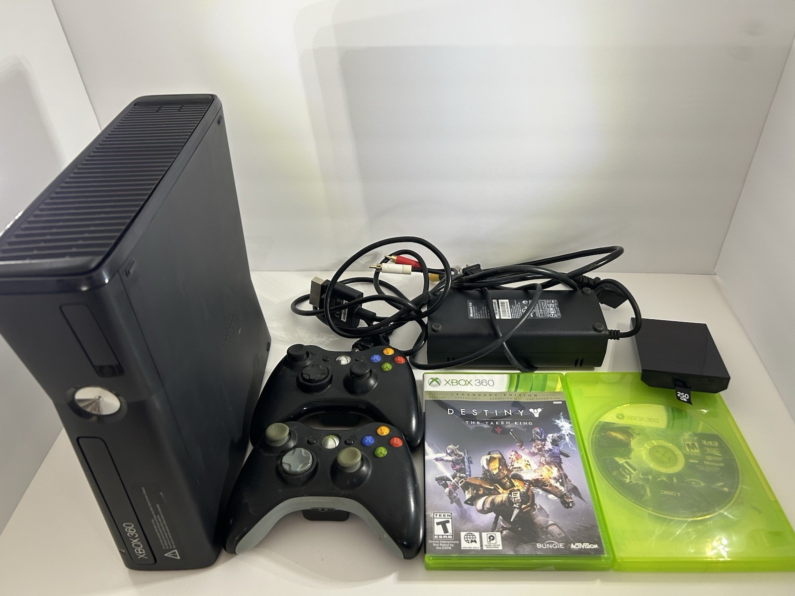 Xbox 360 S Slim 250GB Black Console Bundle – 2 Controllers, Destiny, Halo 4