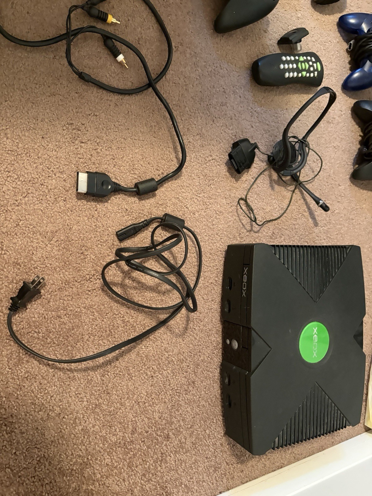 Original Xbox With 4 Controllers And DVD Remote. Red Ring. For Parts. Not Tested