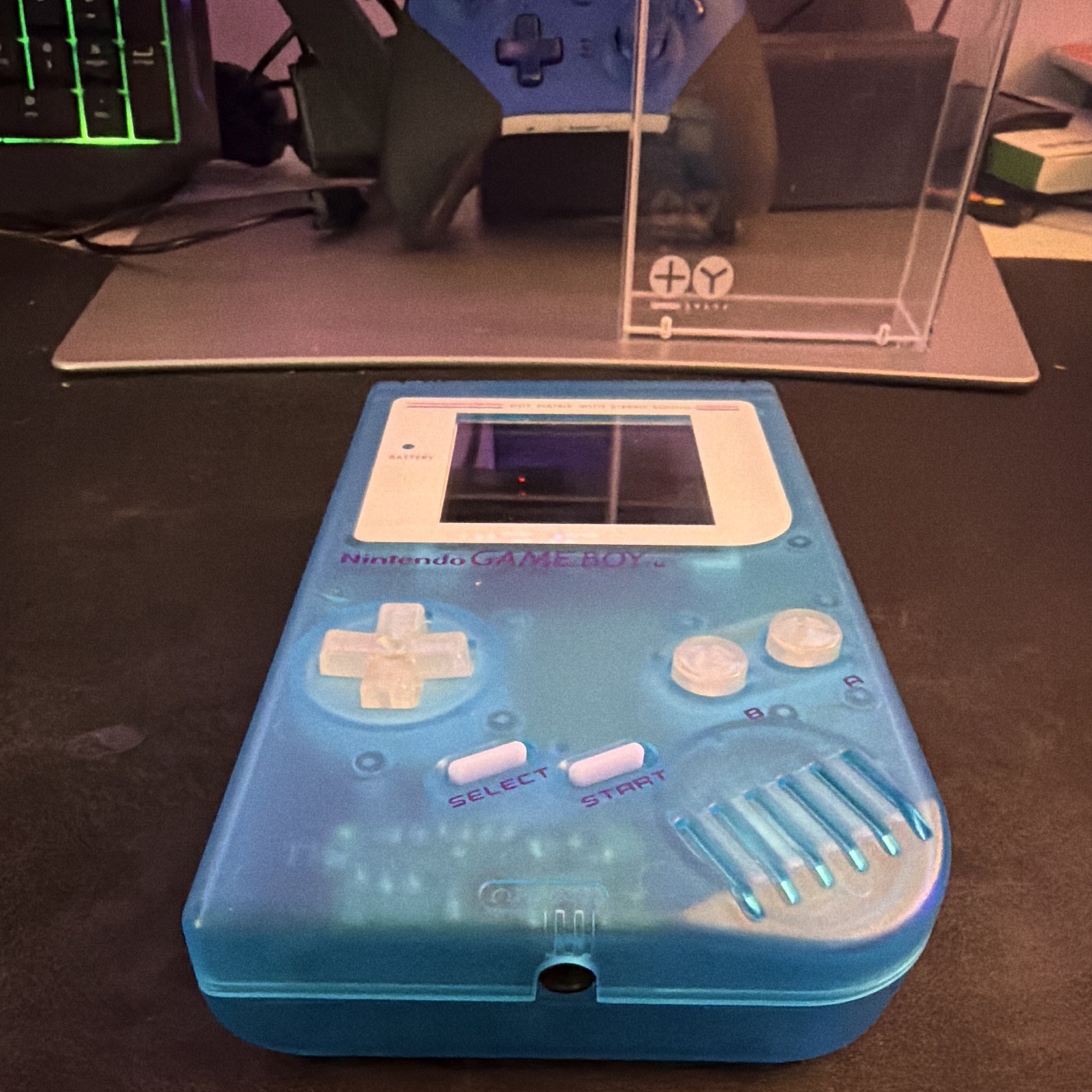 Nintendo Game Boy DMG-01 Clear Blue Handheld Stereo Sound w/ Case & Game *WORKS*