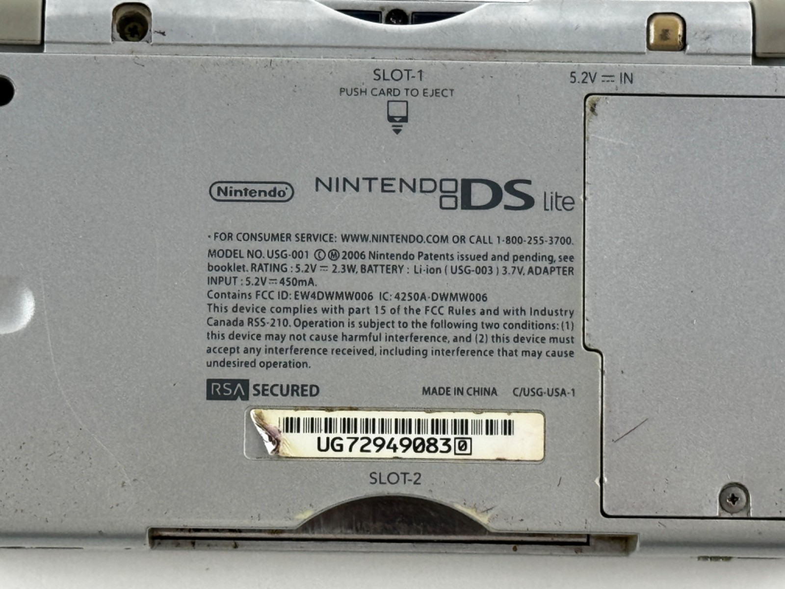 Nintendo DS Lite Silver Handheld Console USG-001 *For Parts or Fix* READ