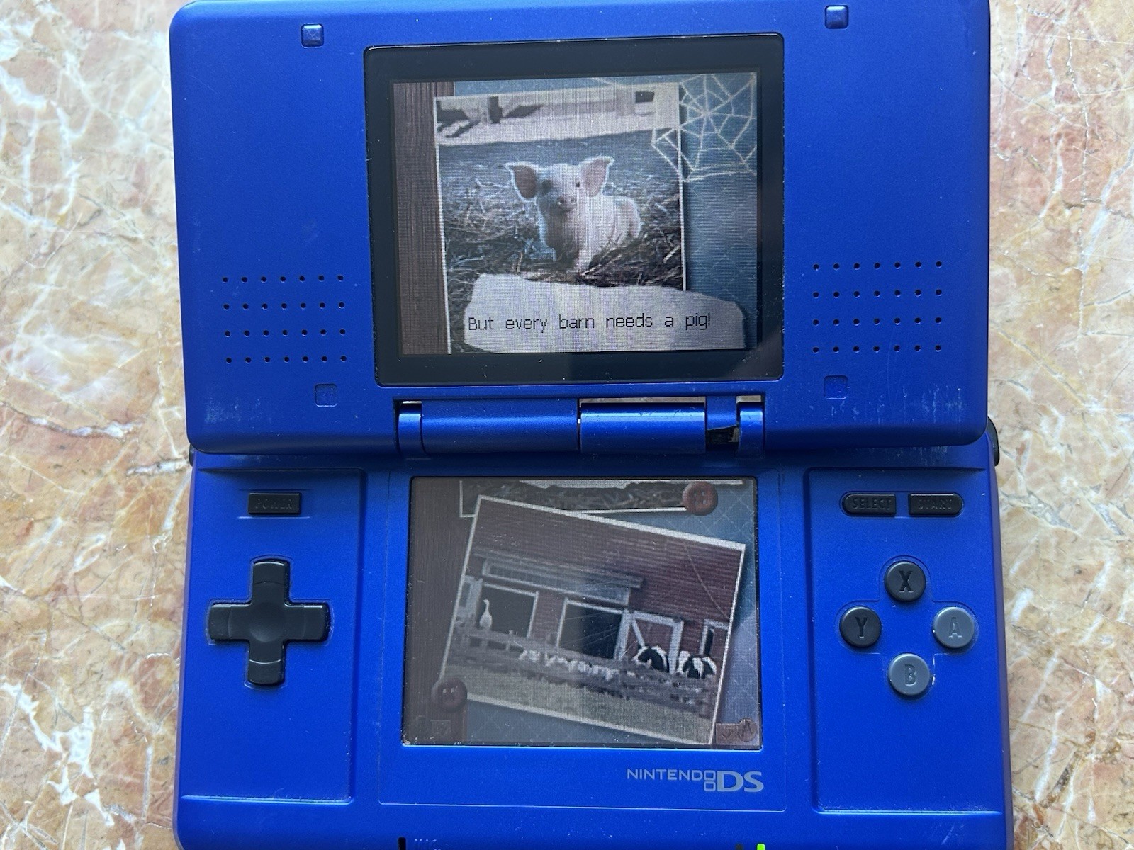Nintendo DS Cobalt Blue NTR-001 WORKING, BUT BROKEN HINGE NO CHARGER (w/ Game)