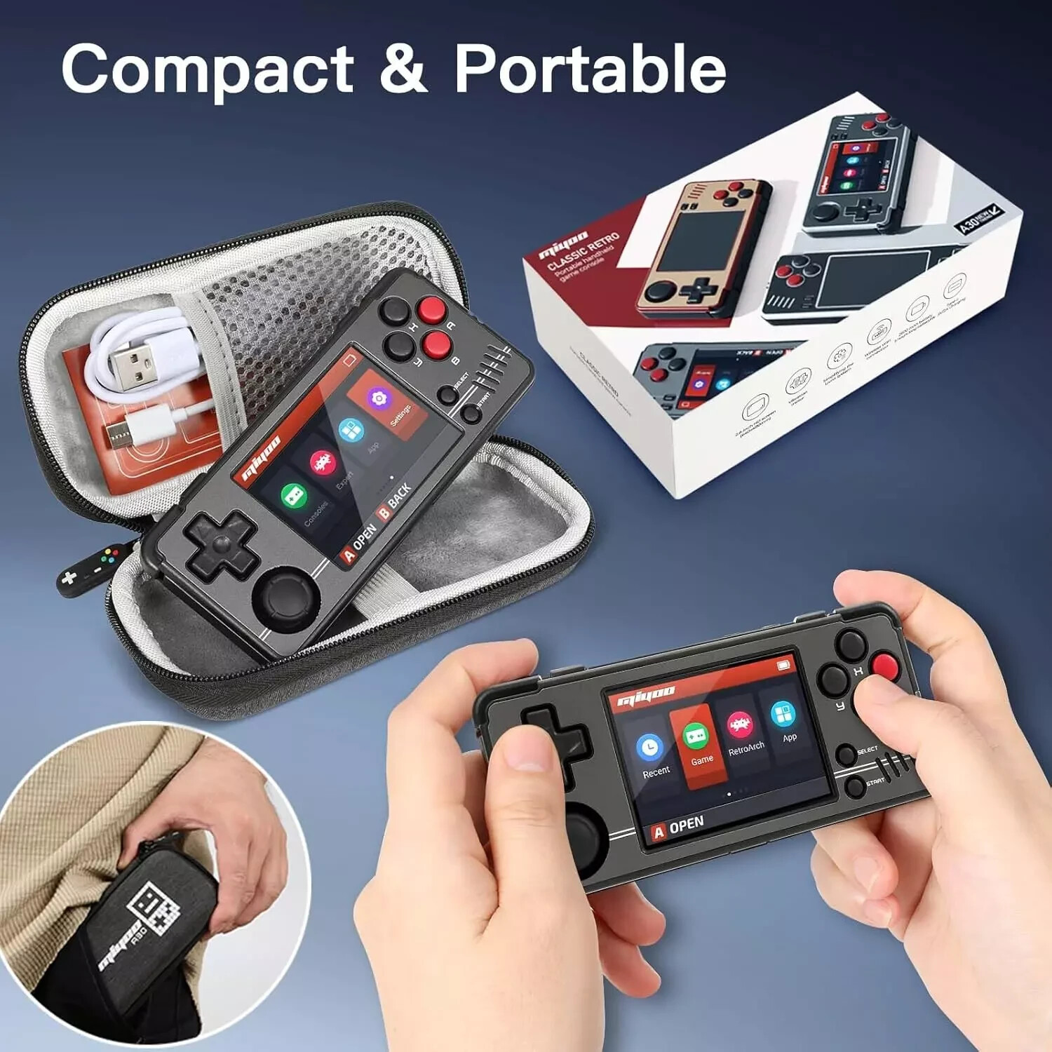 Miyoo A30 Retro Handheld Game Console,Portable Game Emulator – Black & White