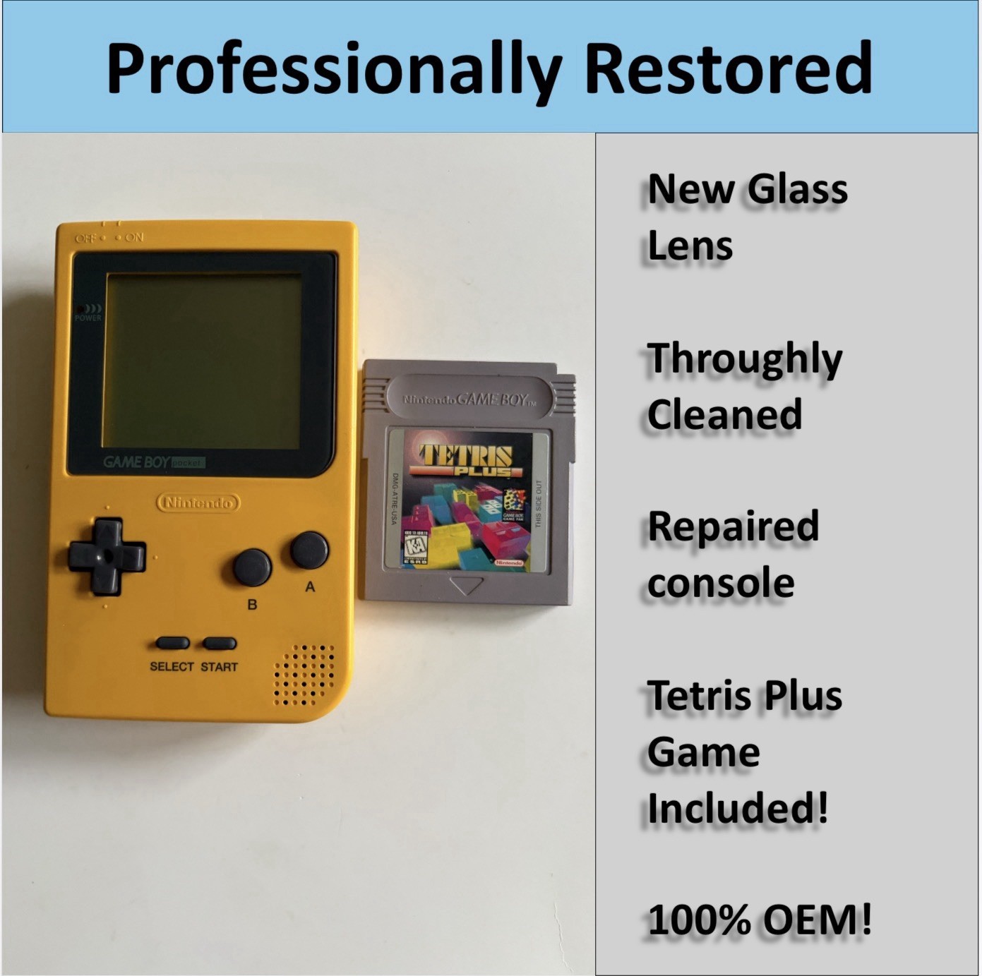 PROFESSIONALLY RESTORED OEM Game Boy Pocket Console (Yellow) & Tetris Plus!