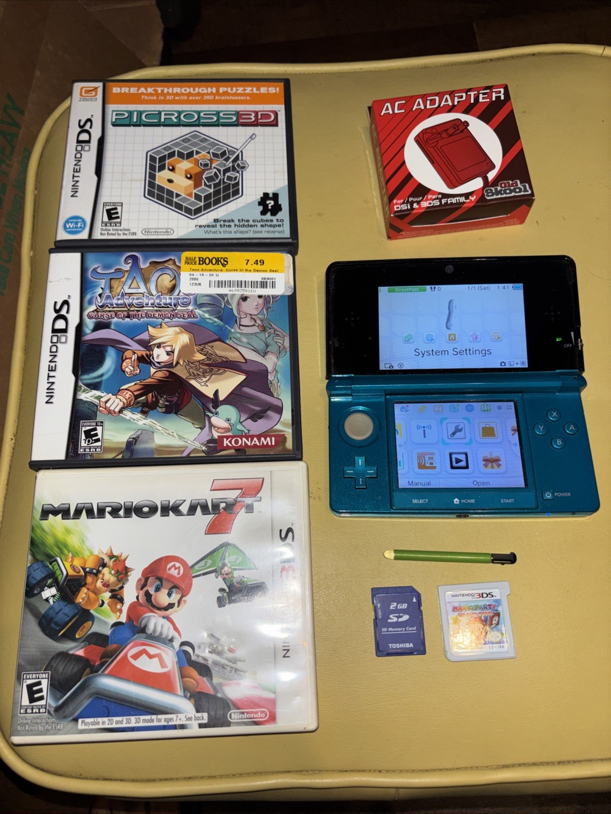 Nintendo 3DS Aqua Blue Console Bundle Mario Kart 7 Tao Charger Stylus Tested USA