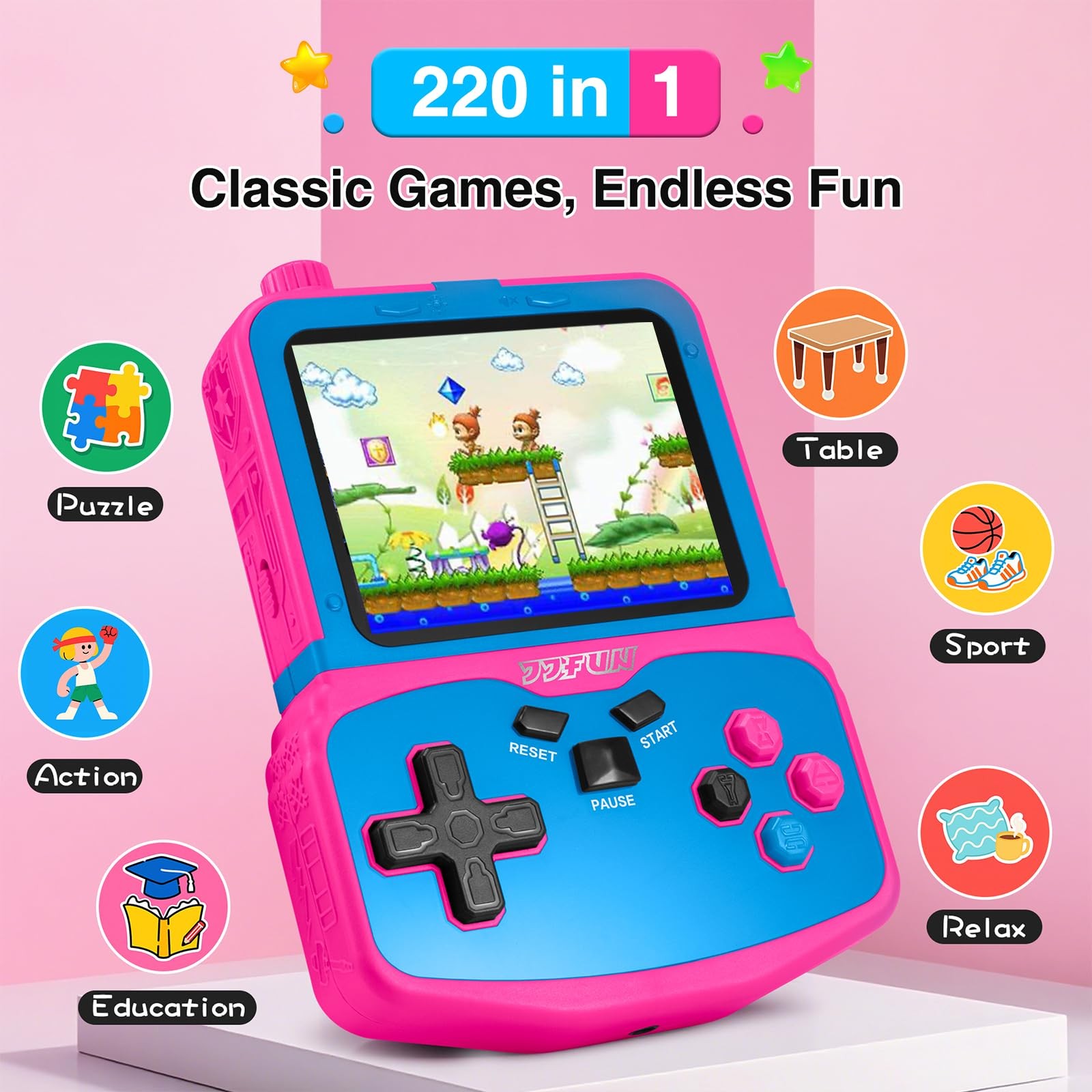 Handheld Game Console for Girls, 220 Retro Games Built-in, 3.5» HD IPS Screen,