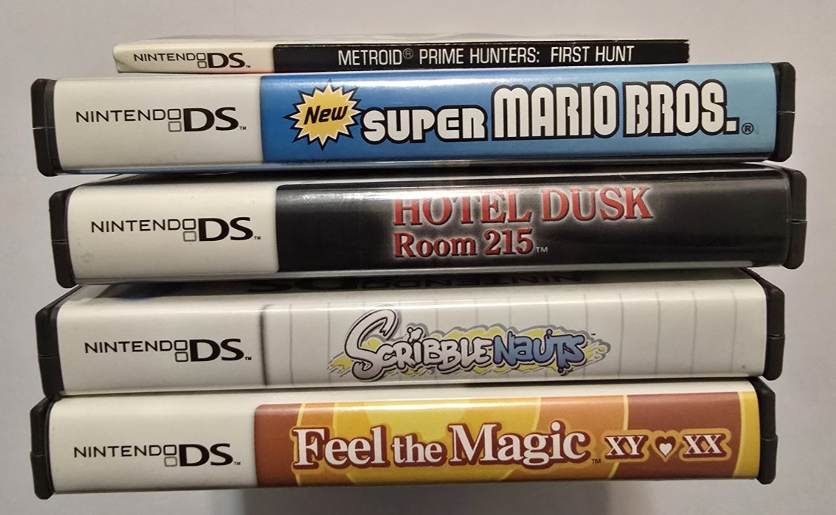 ​Nintendo DS Original Silver Console and 5 Game Bundle-Games CIB-NO Charger