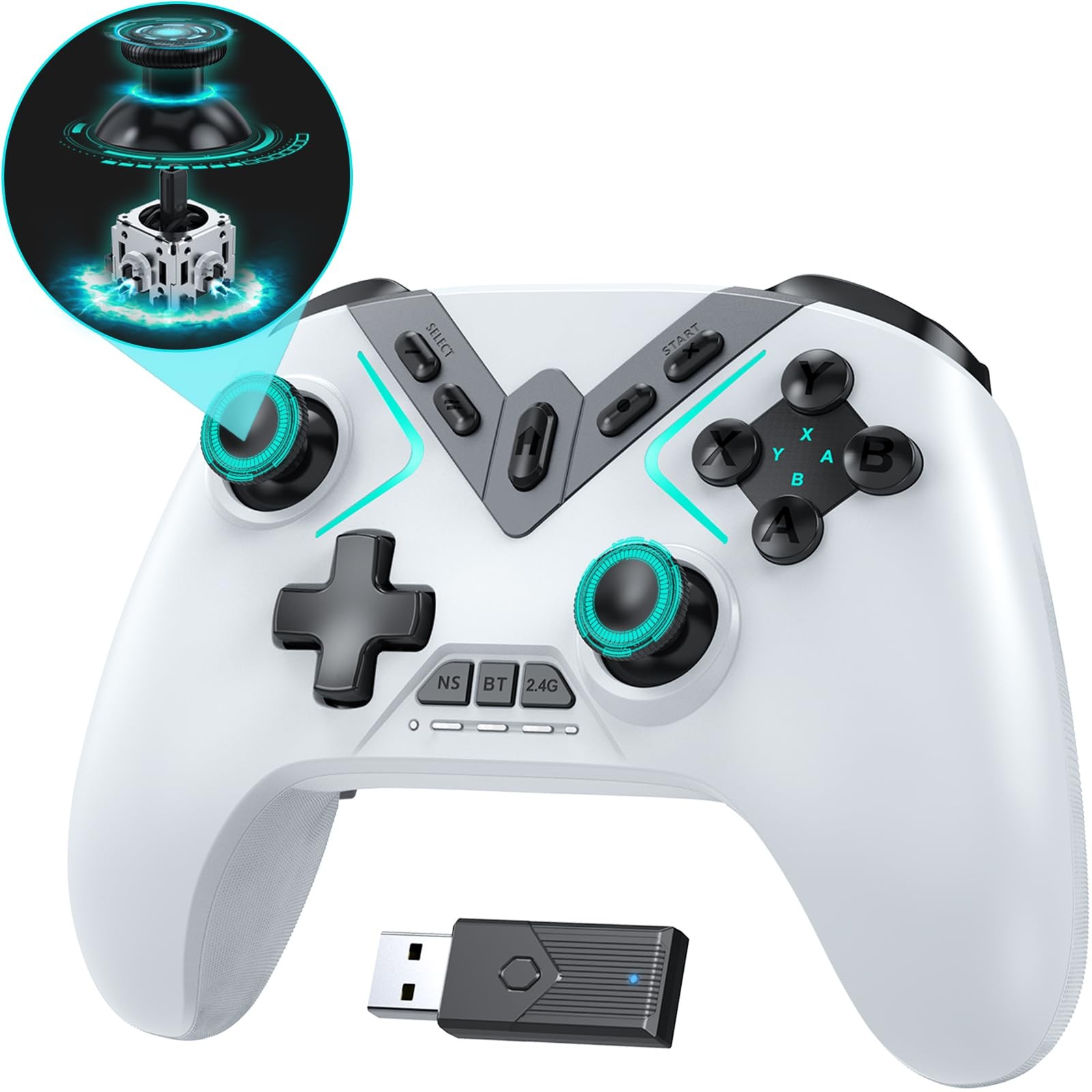 Dual Hall Effect PC Controller-No Drift No Dead Zone, Bluetooth White