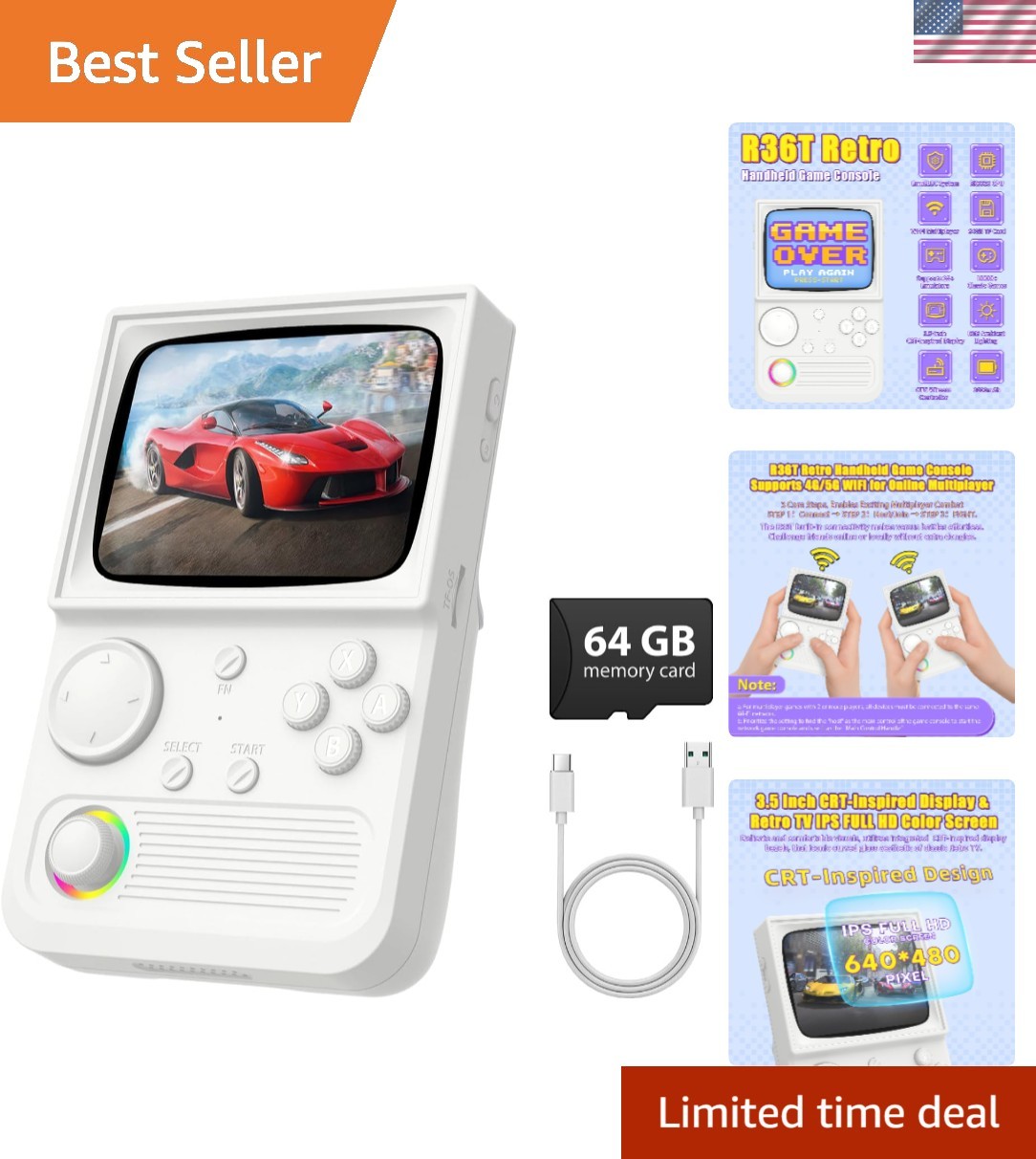 Handheld Gaming Console: 3500mAh Battery, Custom RGB Lighting, WiFi Connectivity