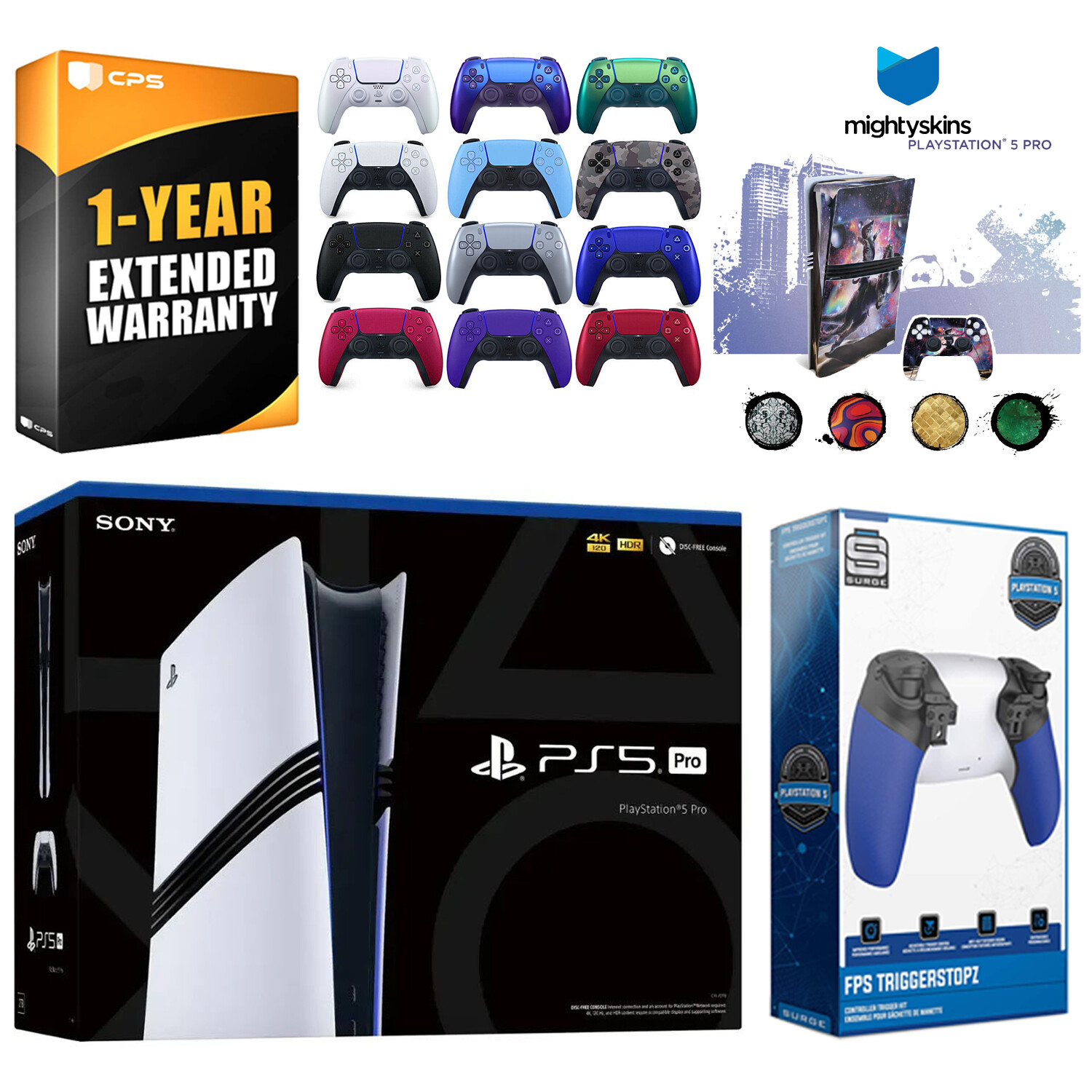 Sony PS5 Pro + Controller, Trigger Kit, MightySkins Code, 1 Year Warranty